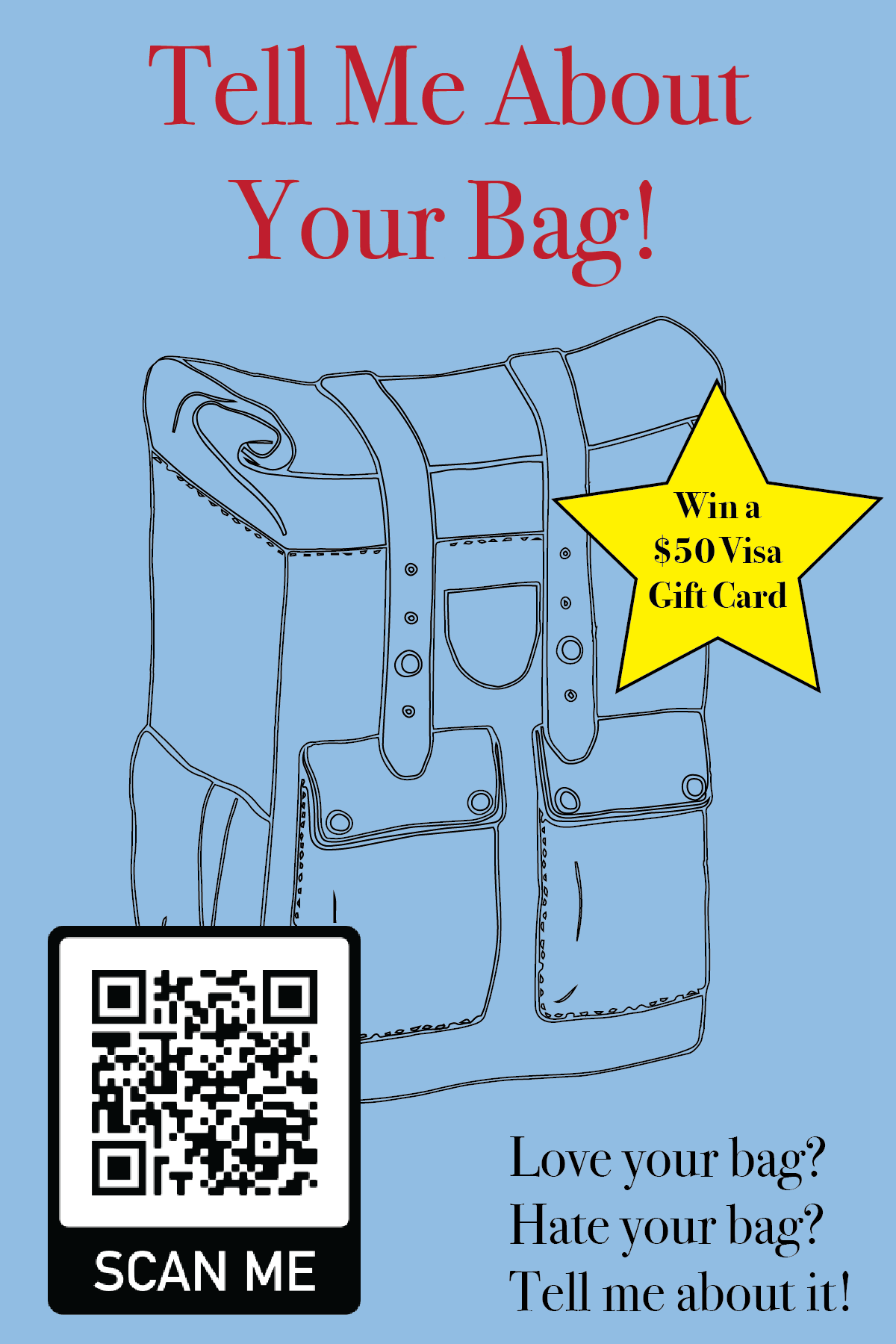 I used posters around town (beaches, walkways, and more) asking people to share their feedback with me about their bags and buying motivations. I received over 50 responses.