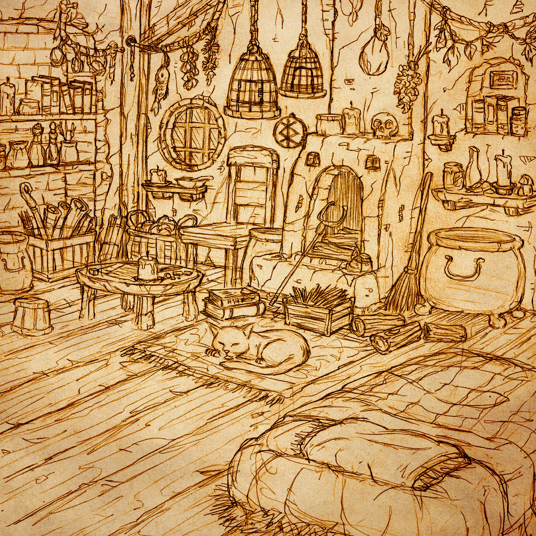 Dragon Returns: witch's hut • pencil illustration