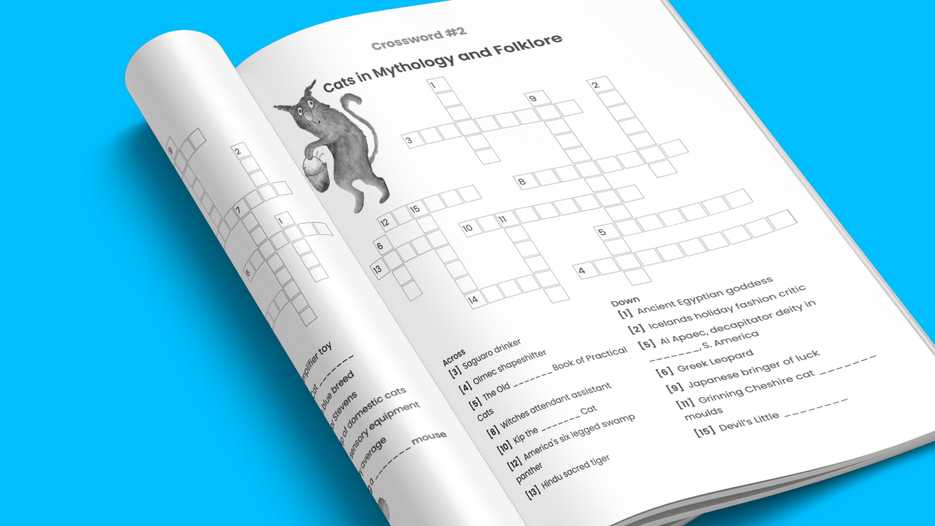 Interior crossword puzzle sample on a mockup for my title, The Crazy Cat Lady’s Activity Book for Adults