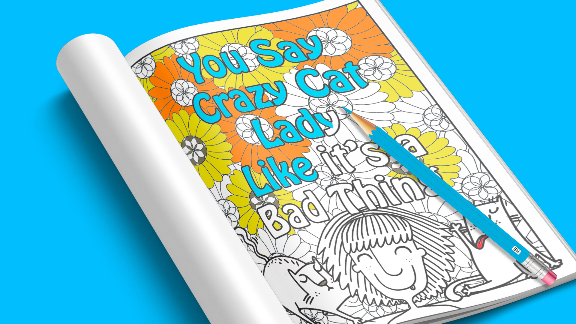 Interior coloring page sample on a mockup for my title, The Crazy Cat Lady’s Activity Book for Adults