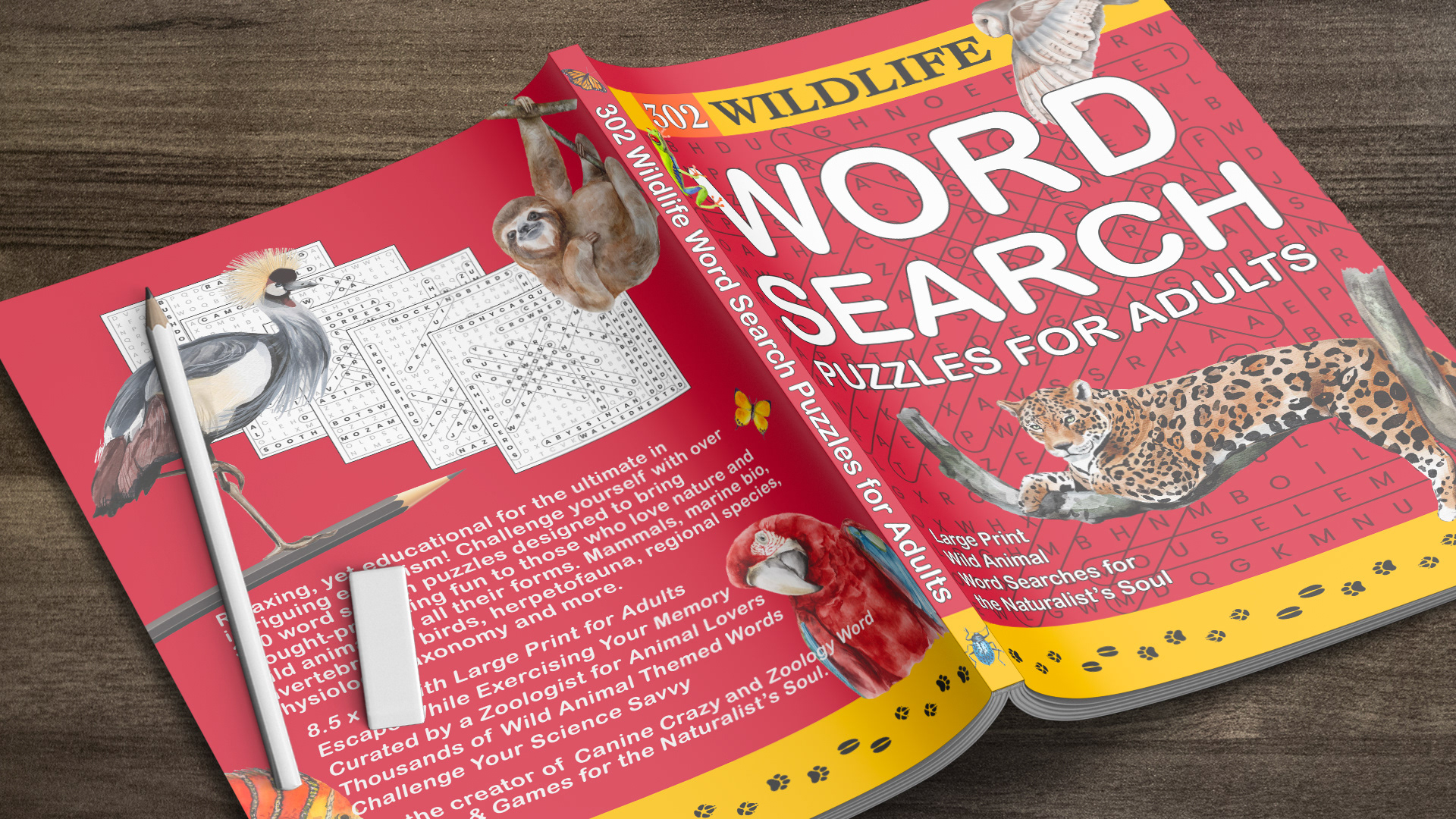 Front and back book cover design for my own book ‘302 Wildlife Word Search Puzzles for Adults’ designed, curated and formatted by me for my small business, Soggy Nomad Press