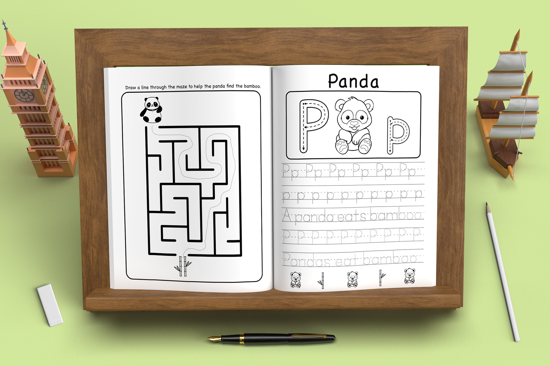 Interior spread design on a mockup for my own book, My First Sentences