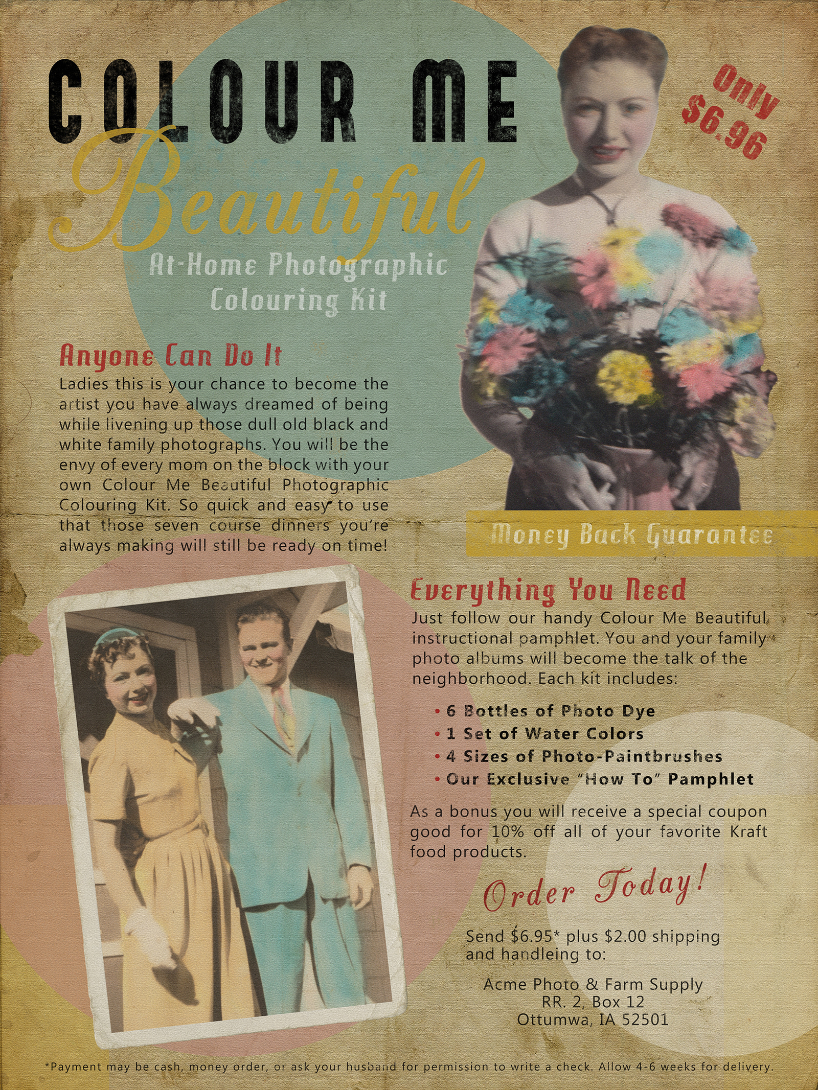Faux vintage advertisement created from colorized family photographs and designed for a graphic design course assignment (2017), Bellevue University, NE