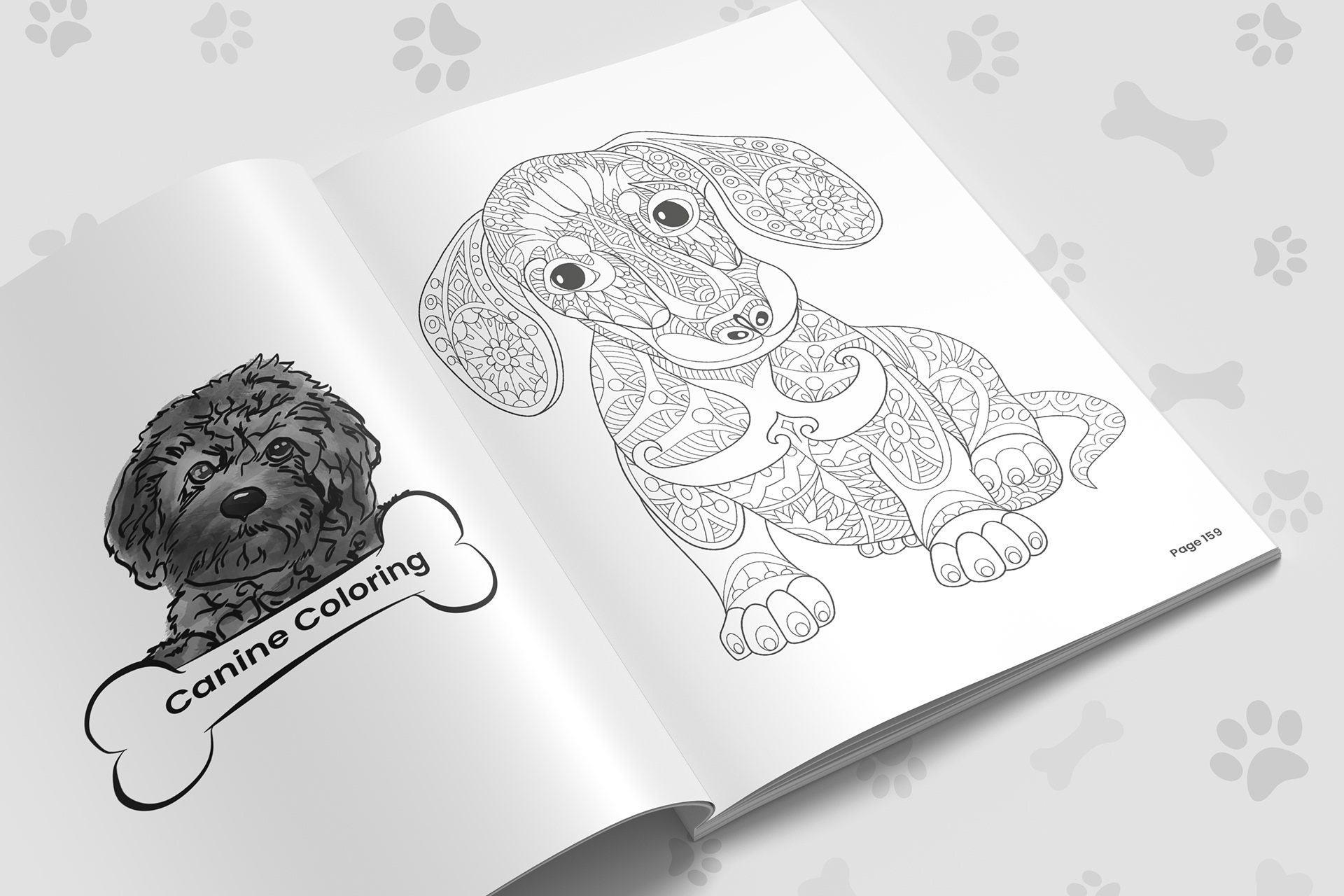 Coloring pages interior spread mockup created from my own title the ‘Canine Crazy Activity Book, sold by Soggy Nomad Press