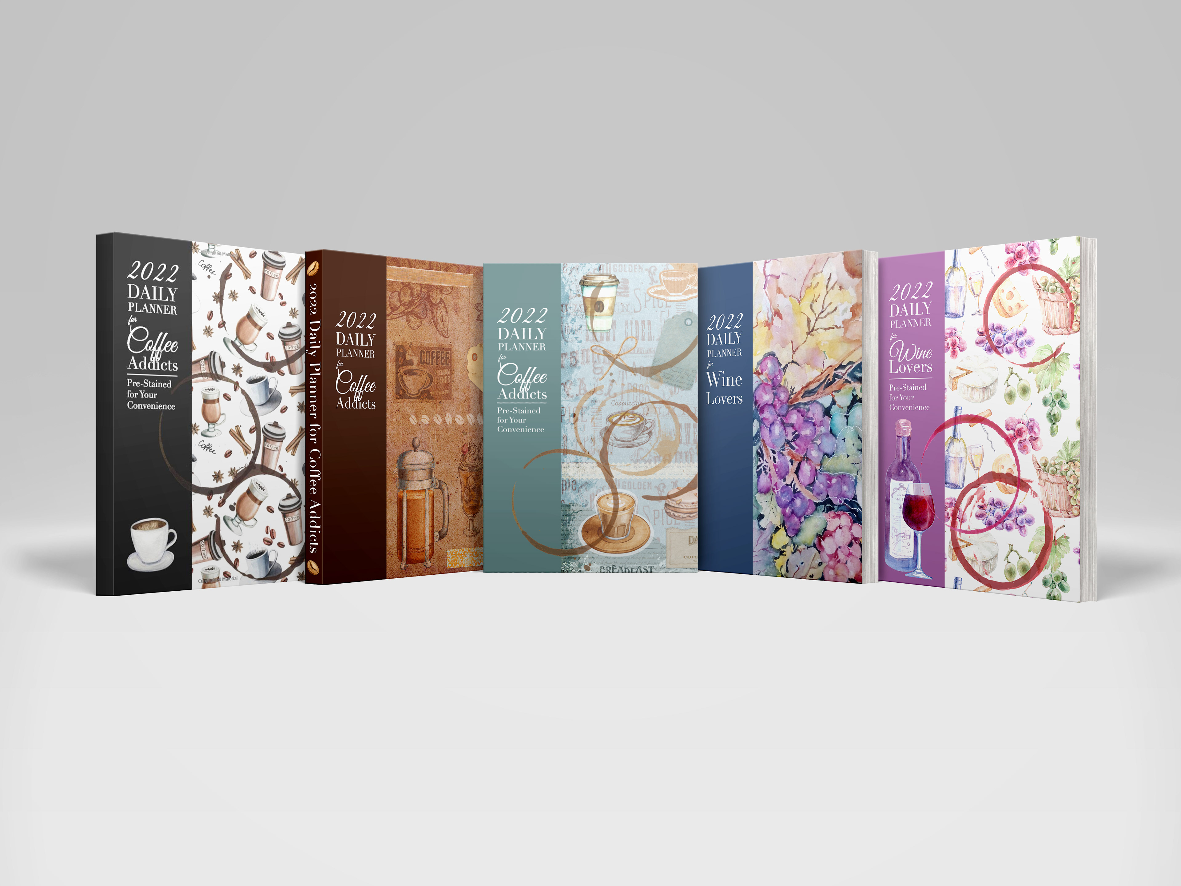 2022 Daily Planner Covers, pre-stained with faux coffee and wine marks for the convenience of the user, sold via my own business, Soggy Nomad Press