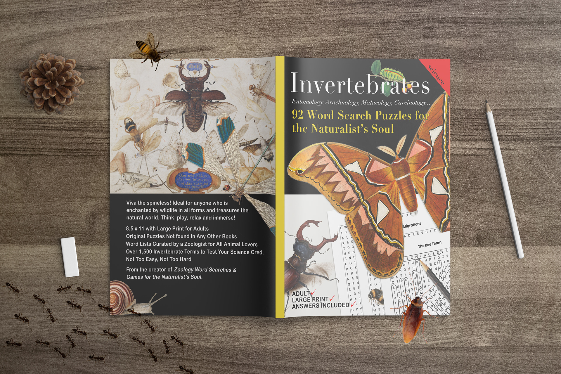 Front and back book cover design on a mockup for my own title ‘Invertebrates: 92 Word Search Puzzle for the Naturalist’s Soul’’ designed, curated and formatted by me for my small business, Soggy Nomad Press