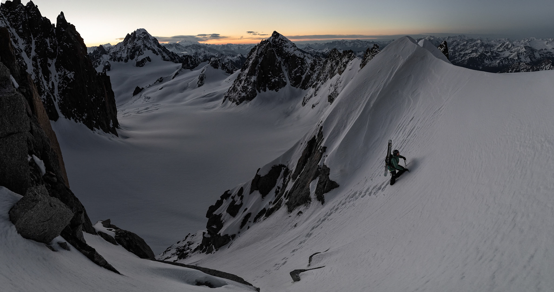 Yannick Boissenot climbs and skies the Kuffner Ridge on the Mont Blanc, Italy.