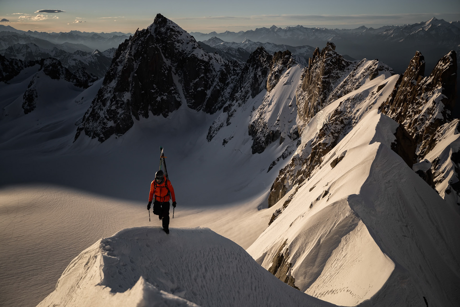 Yannick Boissenot climbs and skies the Kuffner Ridge on the Mont Blanc, Italy.