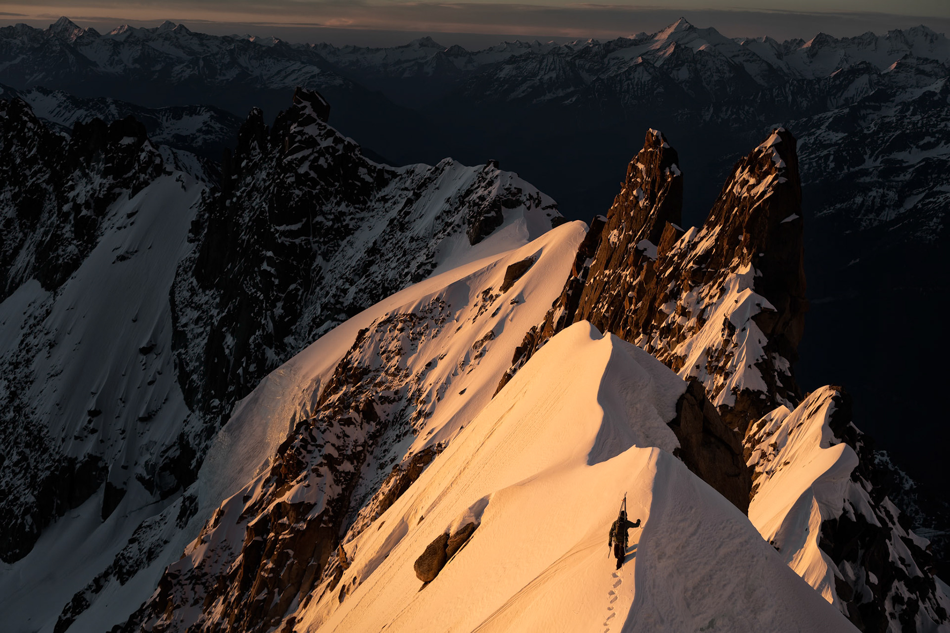 Yannick Boissenot climbs and skies the Kuffner Ridge on the Mont Blanc, Italy.