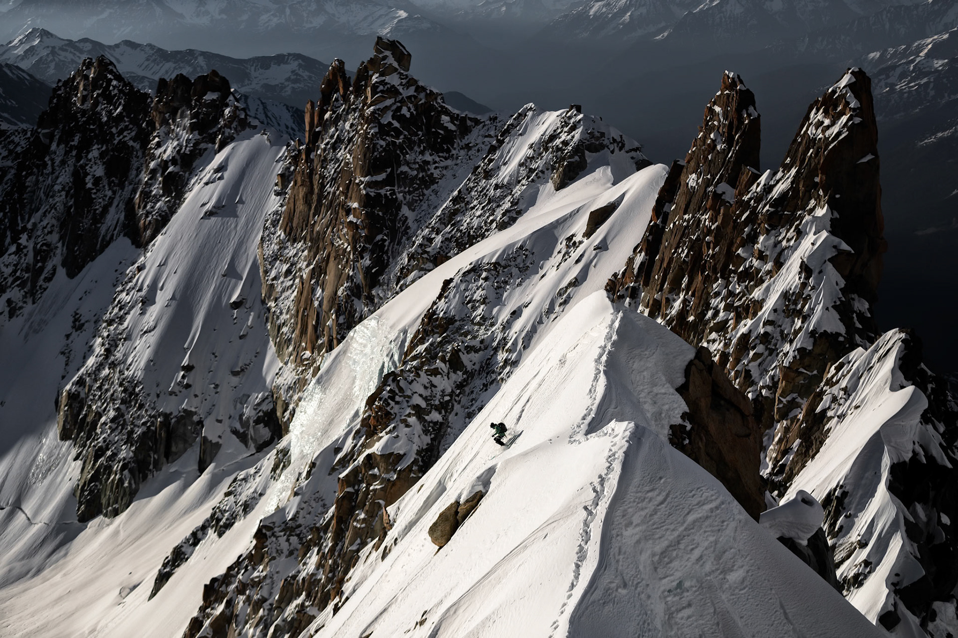 Yannick Boissenot climbs and skies the Kuffner Ridge on the Mont Blanc, Italy.