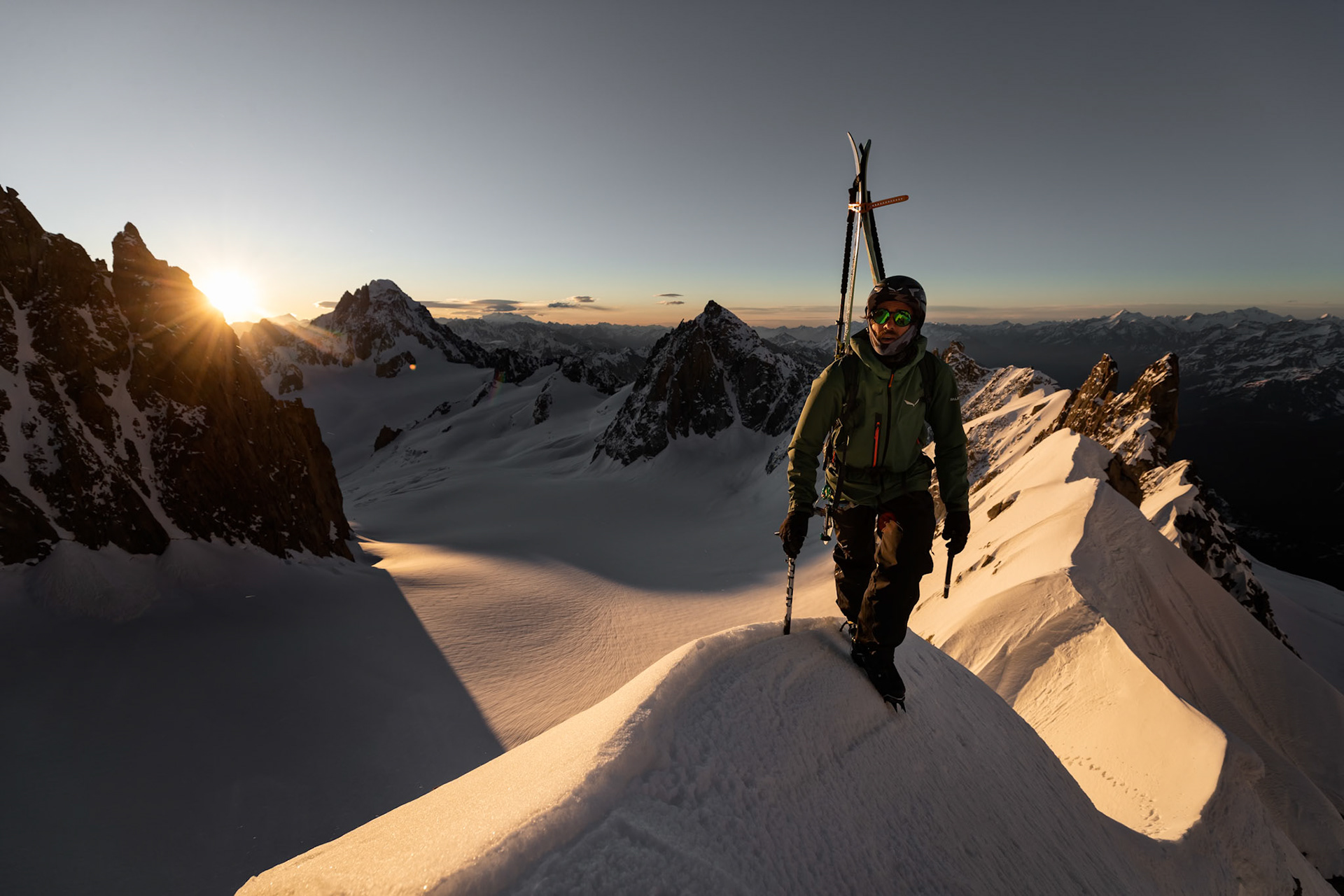 Yannick Boissenot climbs and skies the Kuffner Ridge on the Mont Blanc, Italy.