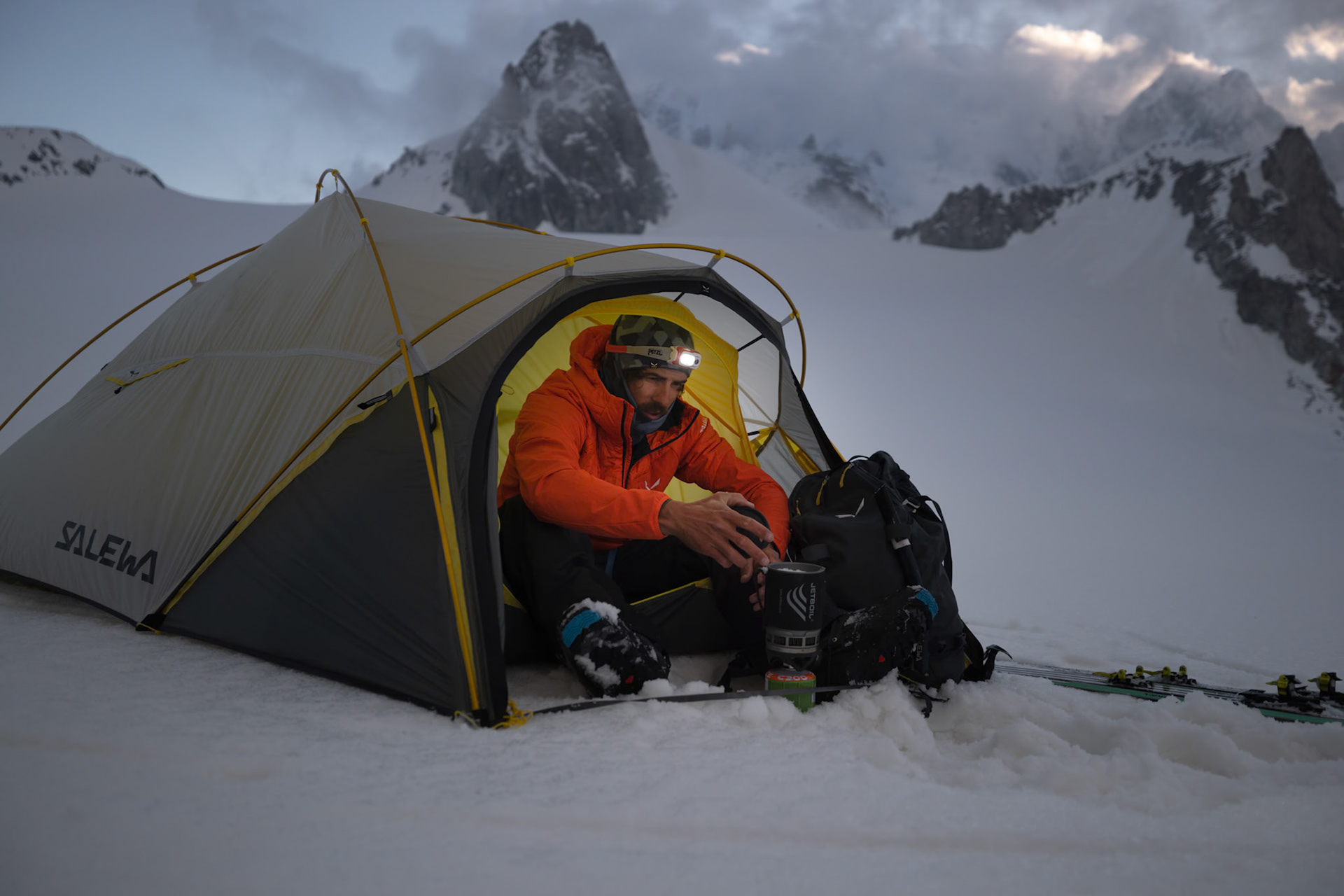 Yannick Boissenot climbs and skies the Kuffner Ridge on the Mont Blanc, Italy.