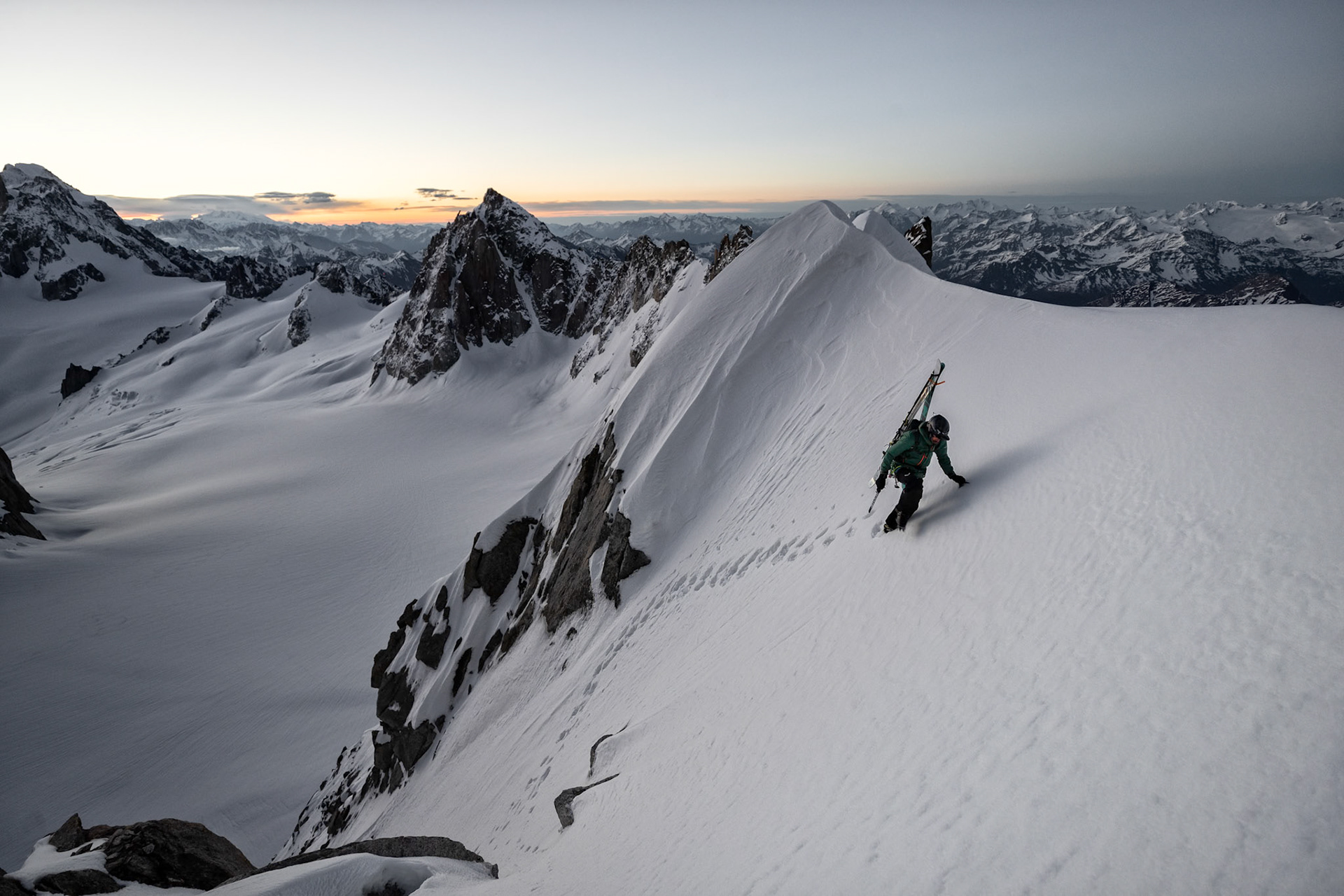 Yannick Boissenot climbs and skies the Kuffner Ridge on the Mont Blanc, Italy.