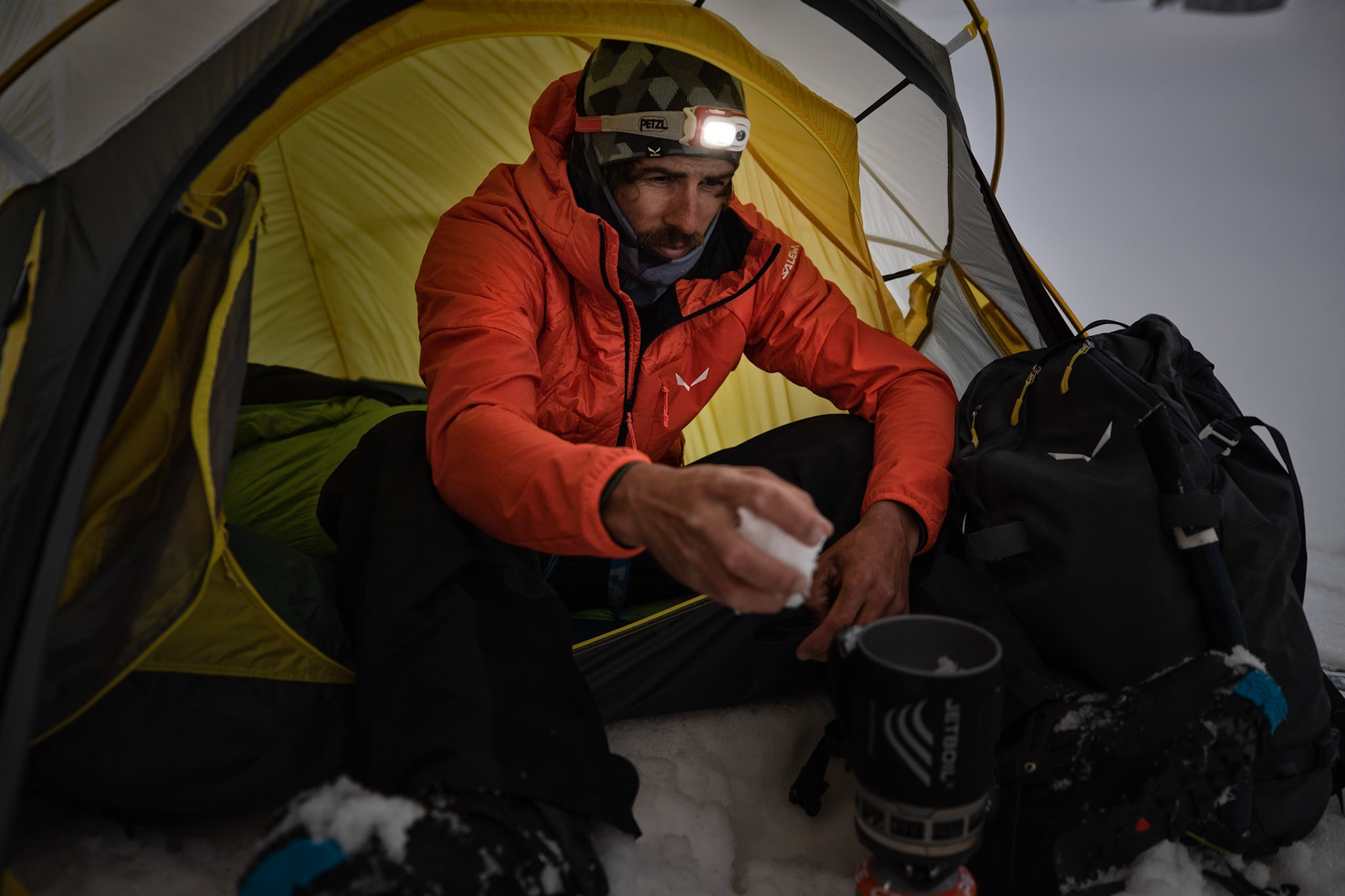 Yannick Boissenot climbs and skies the Kuffner Ridge on the Mont Blanc, Italy.
