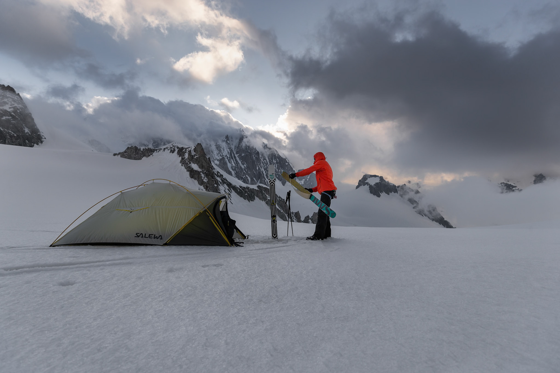 Yannick Boissenot climbs and skies the Kuffner Ridge on the Mont Blanc, Italy.