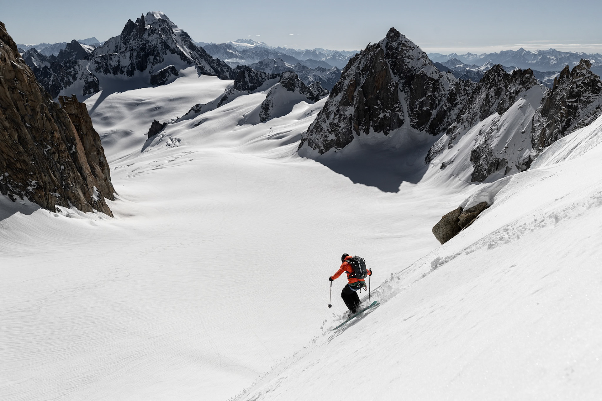 Yannick Boissenot climbs and skies the Kuffner Ridge on the Mont Blanc, Italy.