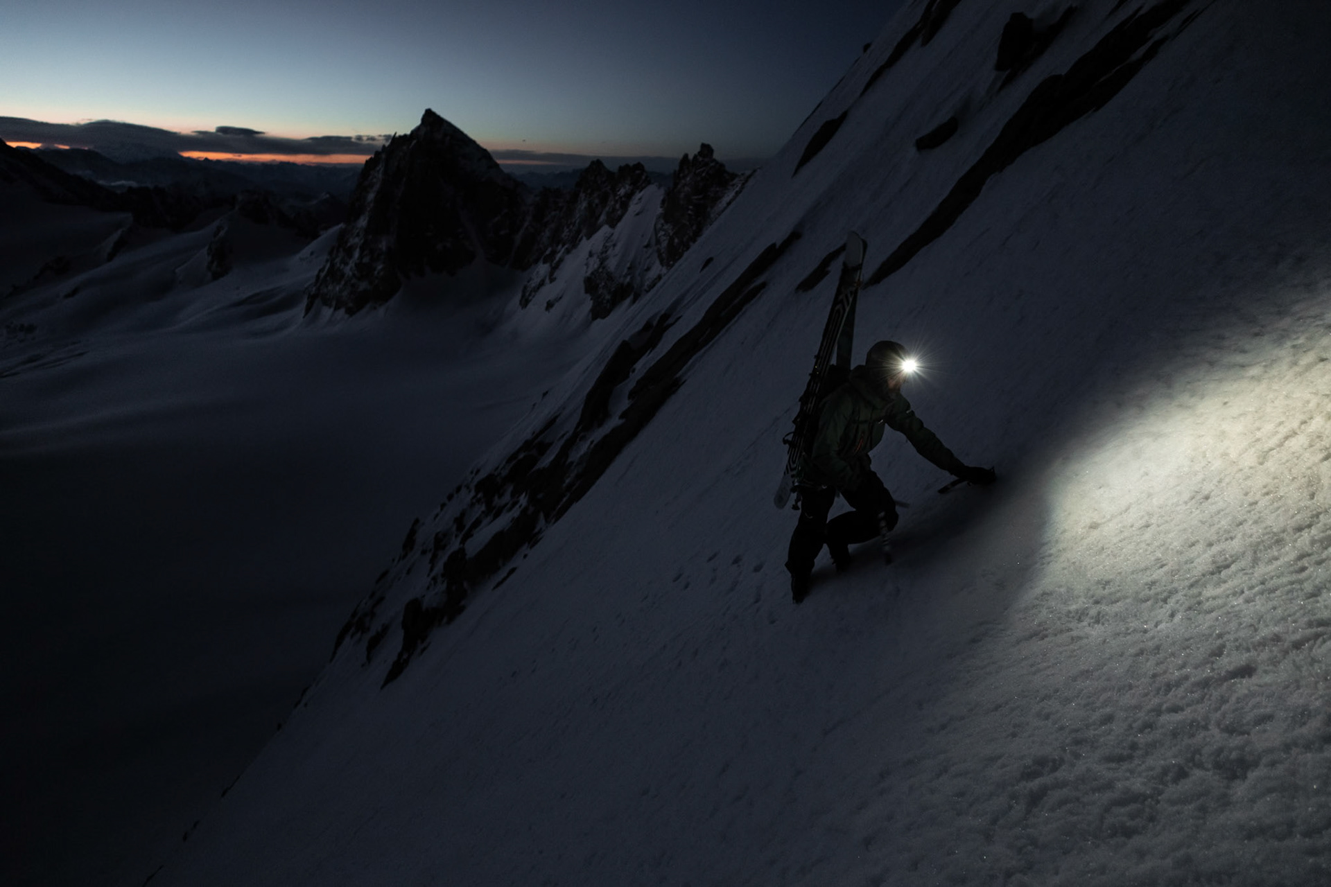 Yannick Boissenot climbs and skies the Kuffner Ridge on the Mont Blanc, Italy.