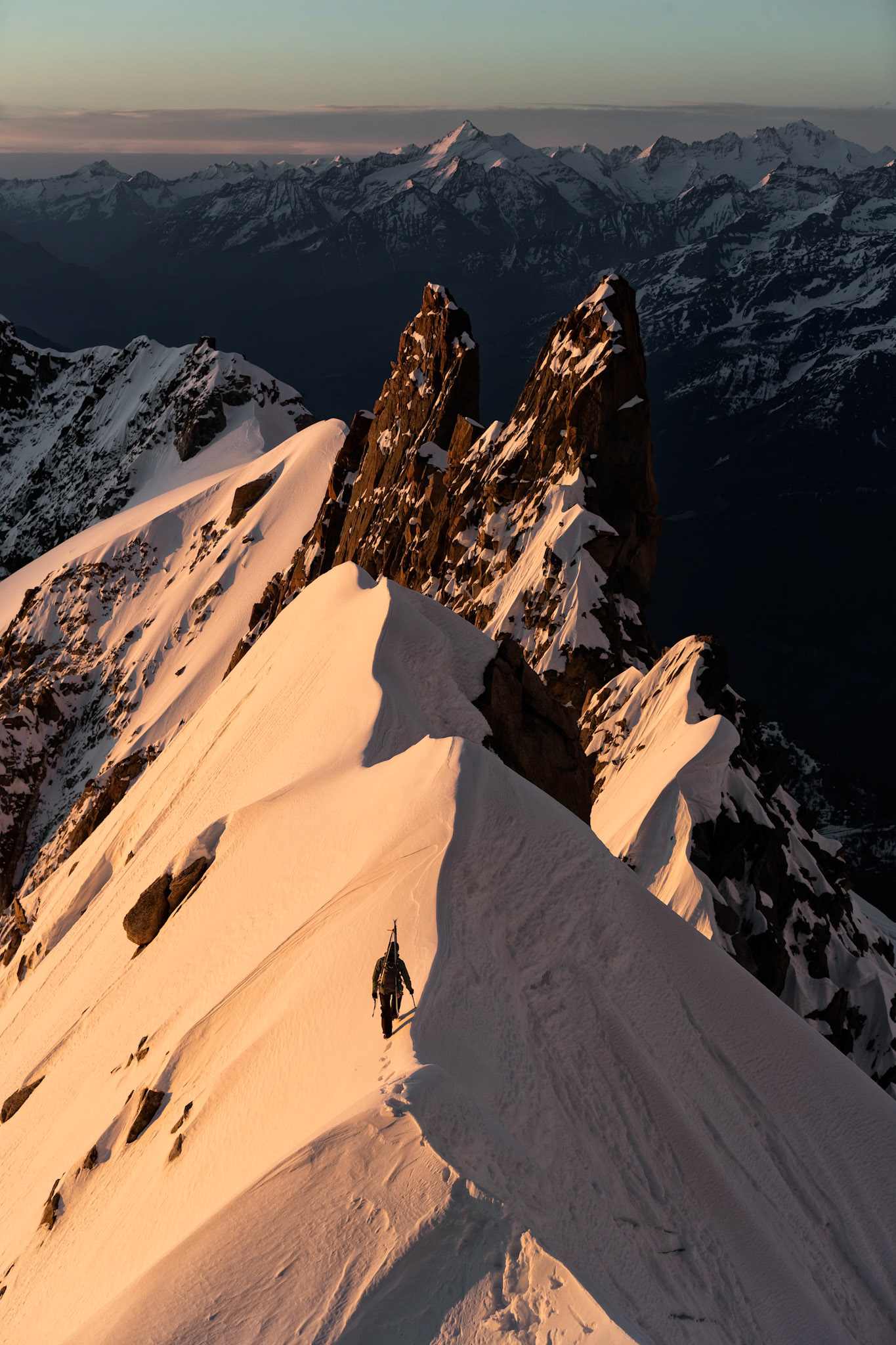 Yannick Boissenot climbs and skies the Kuffner Ridge on the Mont Blanc, Italy.