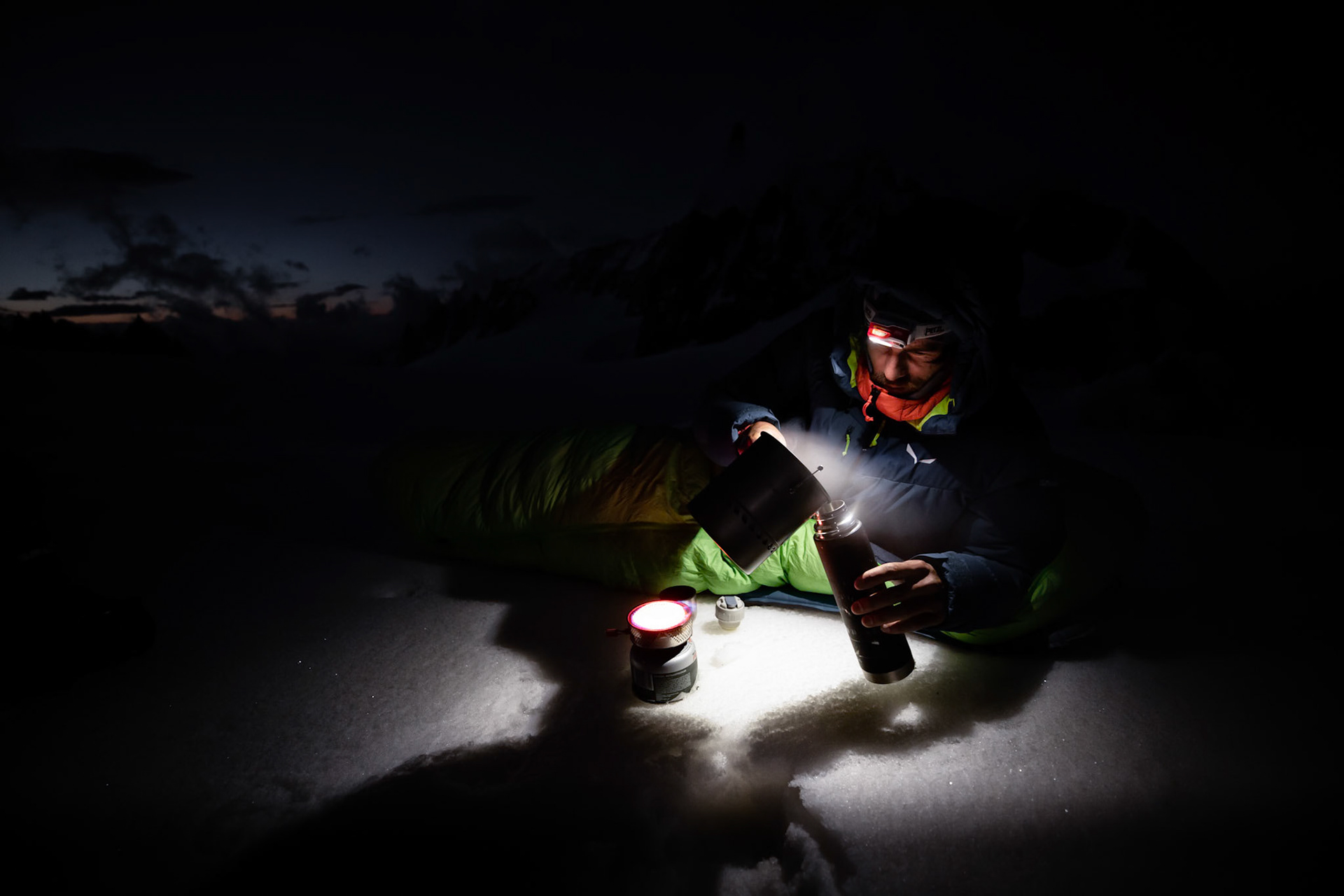Yannick Boissenot climbs and skies the Kuffner Ridge on the Mont Blanc, Italy.