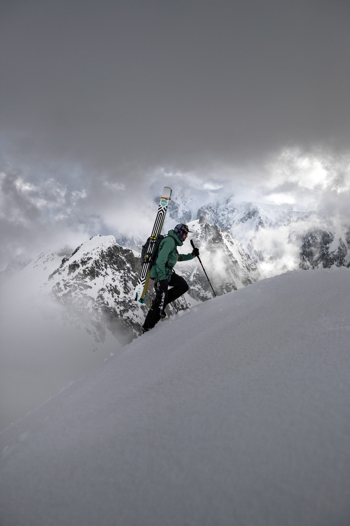 Yannick Boissenot climbs and skies the Kuffner Ridge on the Mont Blanc, Italy.