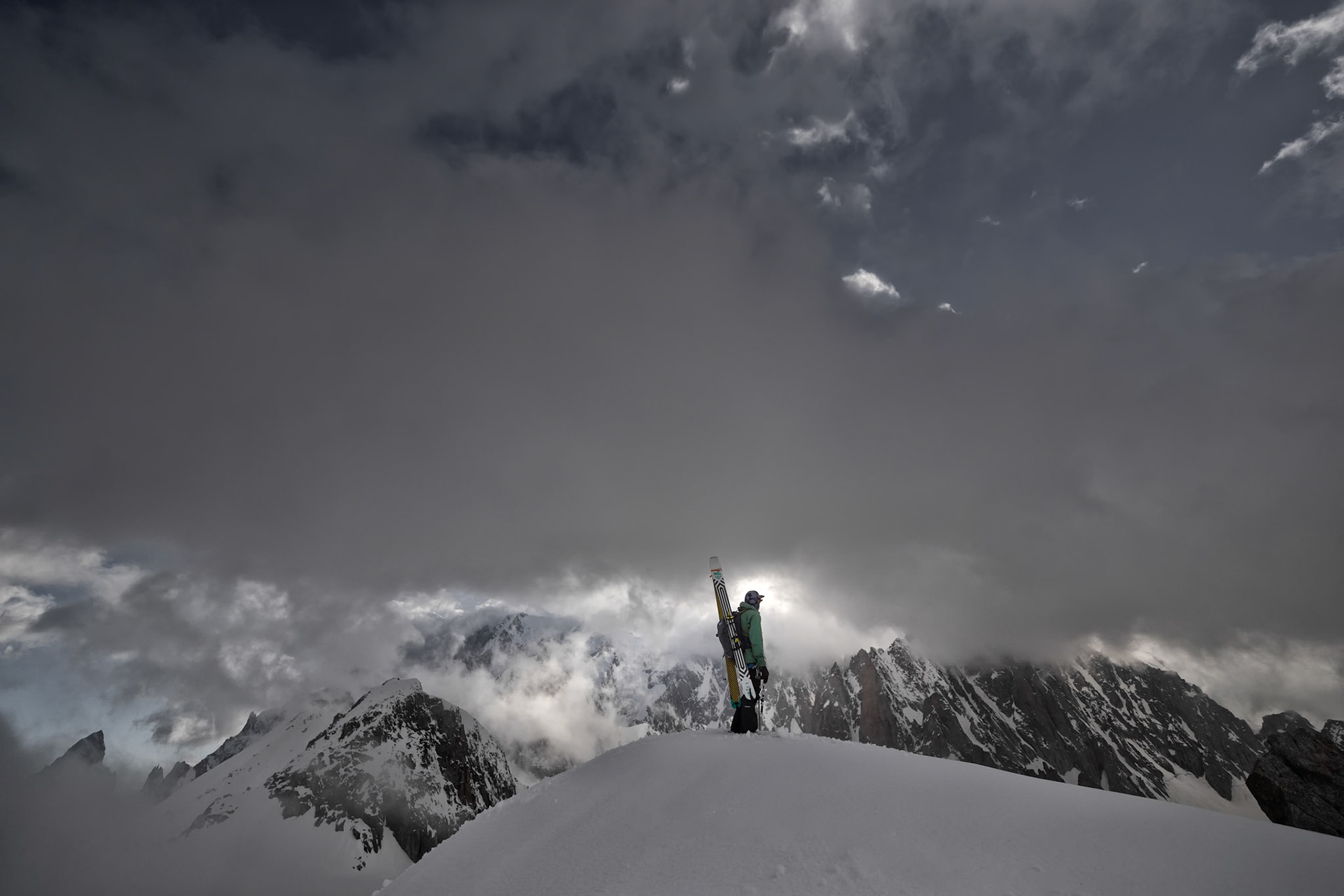 Yannick Boissenot climbs and skies the Kuffner Ridge on the Mont Blanc, Italy.
