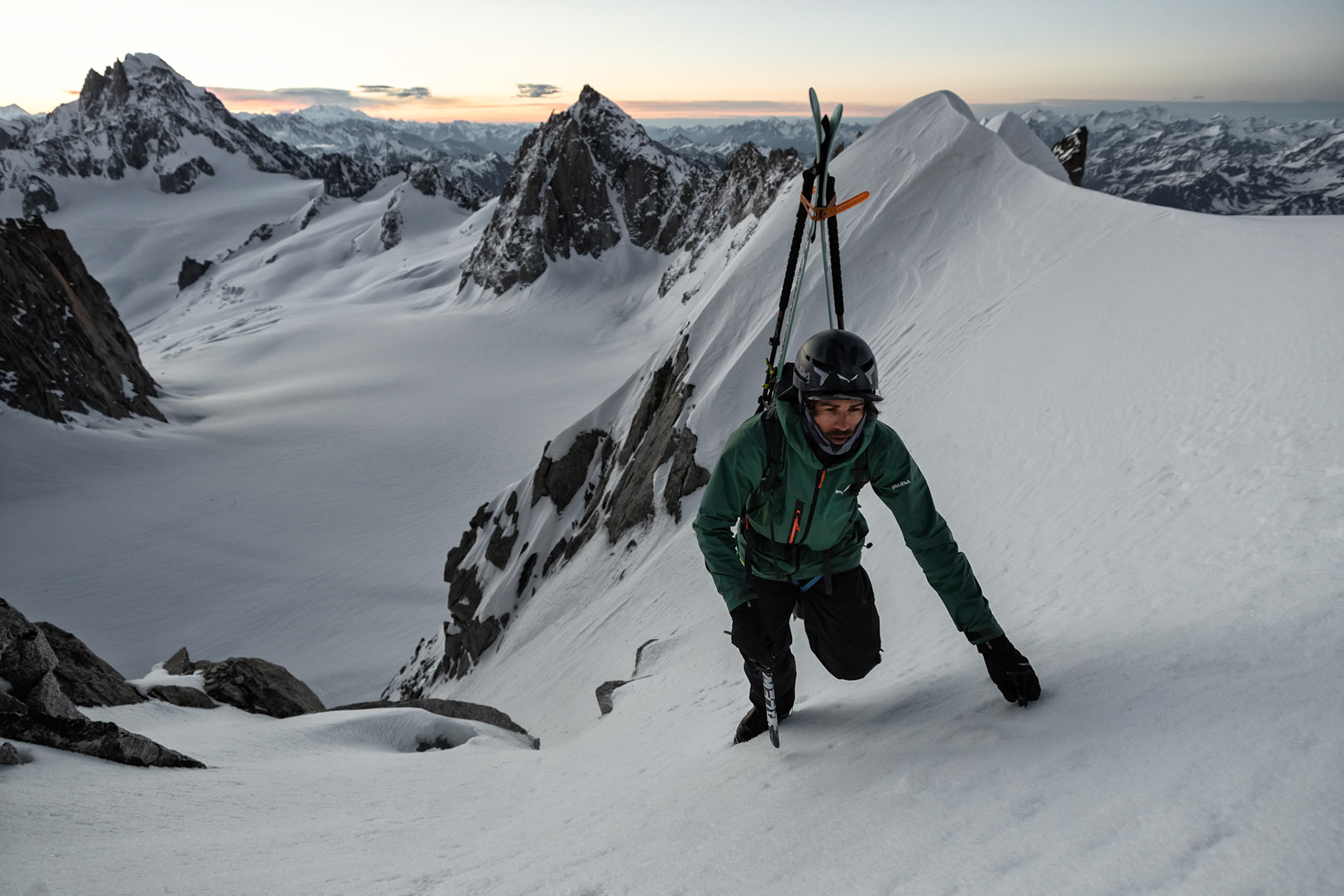 Yannick Boissenot climbs and skies the Kuffner Ridge on the Mont Blanc, Italy.