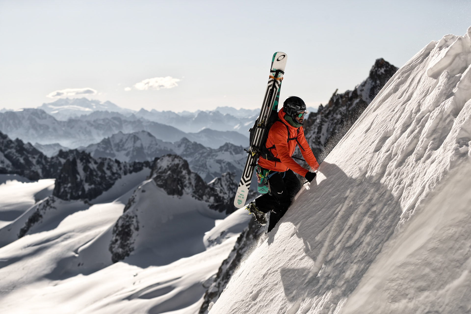 Yannick Boissenot climbs and skies the Kuffner Ridge on the Mont Blanc, Italy.