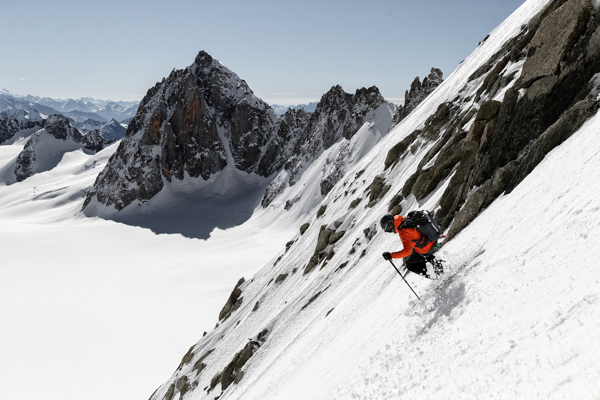 Yannick Boissenot climbs and skies the Kuffner Ridge on the Mont Blanc, Italy.