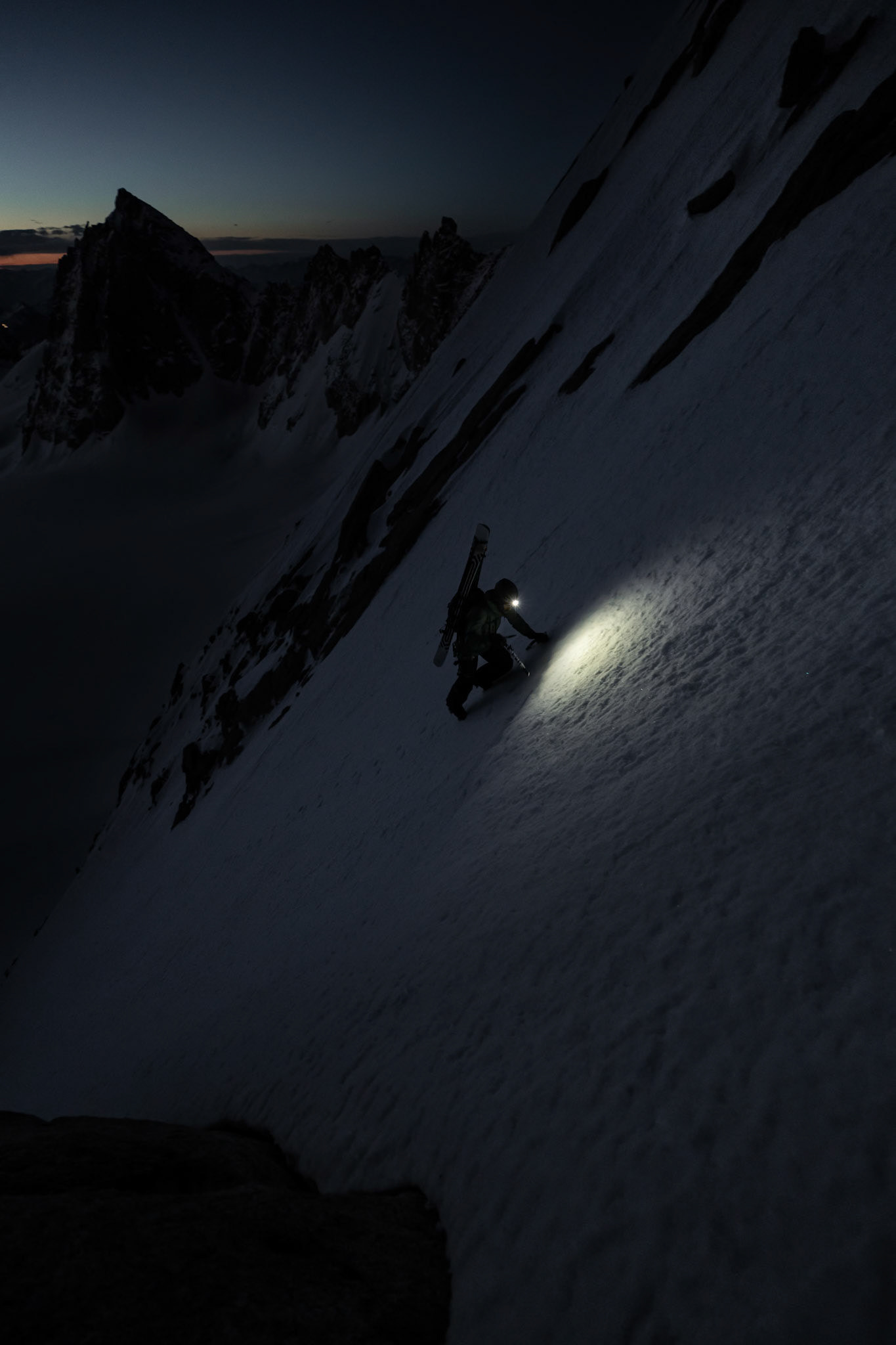 Yannick Boissenot climbs and skies the Kuffner Ridge on the Mont Blanc, Italy.