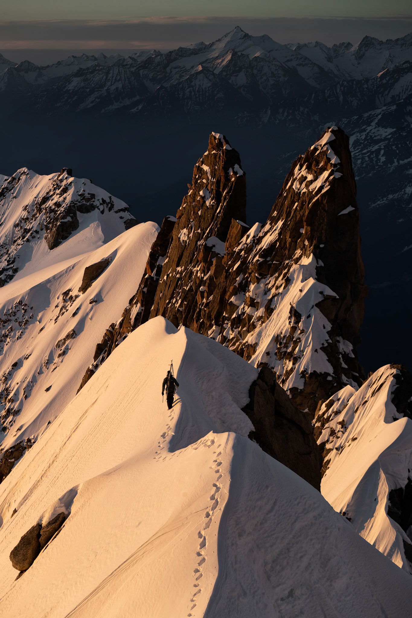 Yannick Boissenot climbs and skies the Kuffner Ridge on the Mont Blanc, Italy.