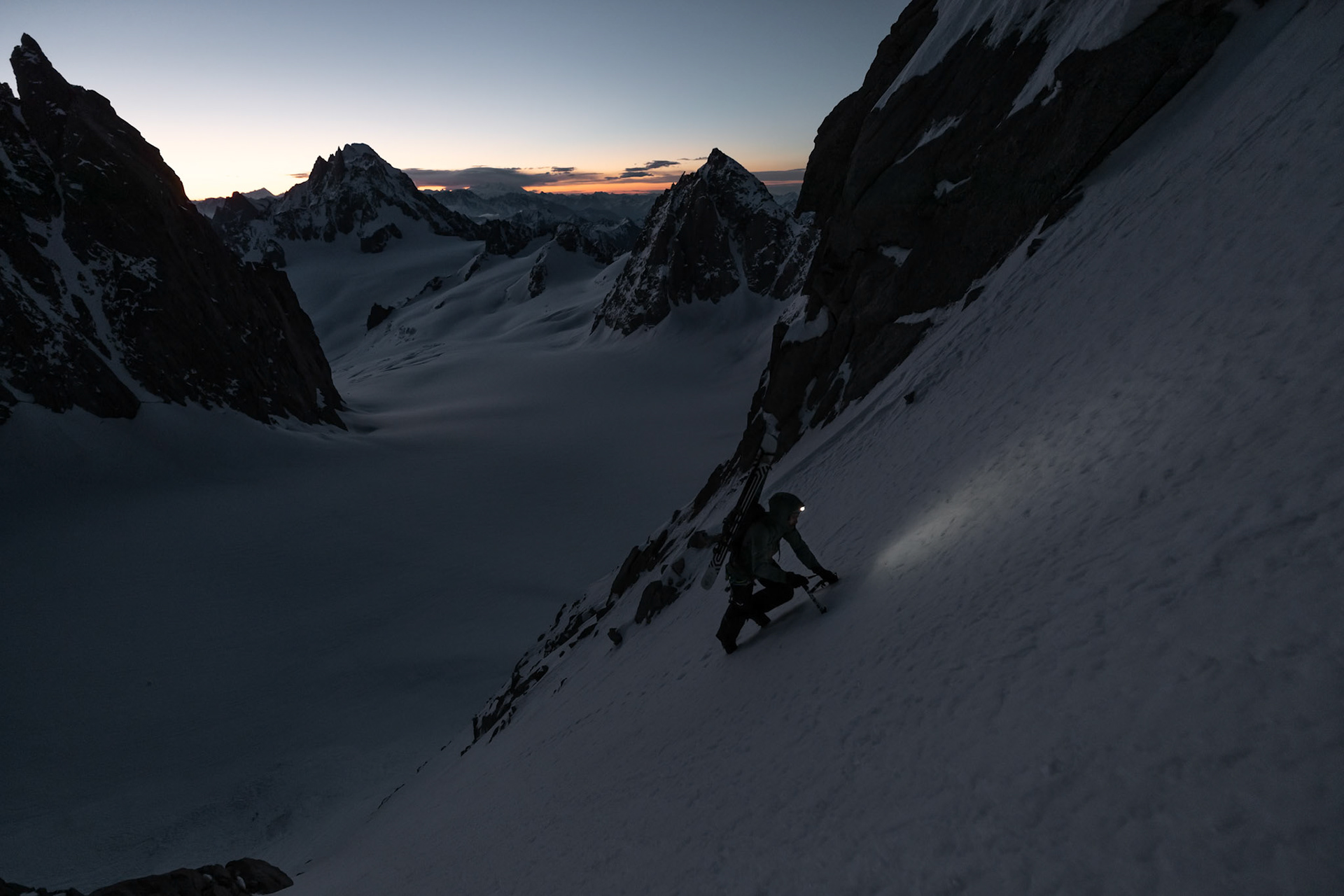 Yannick Boissenot climbs and skies the Kuffner Ridge on the Mont Blanc, Italy.