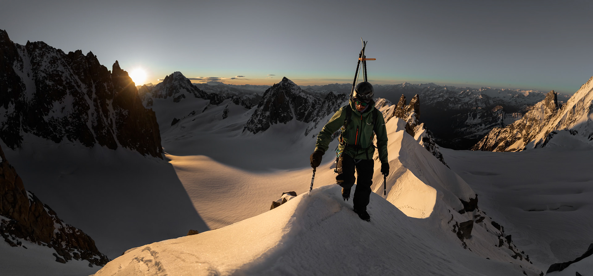 Yannick Boissenot climbs and skies the Kuffner Ridge on the Mont Blanc, Italy.