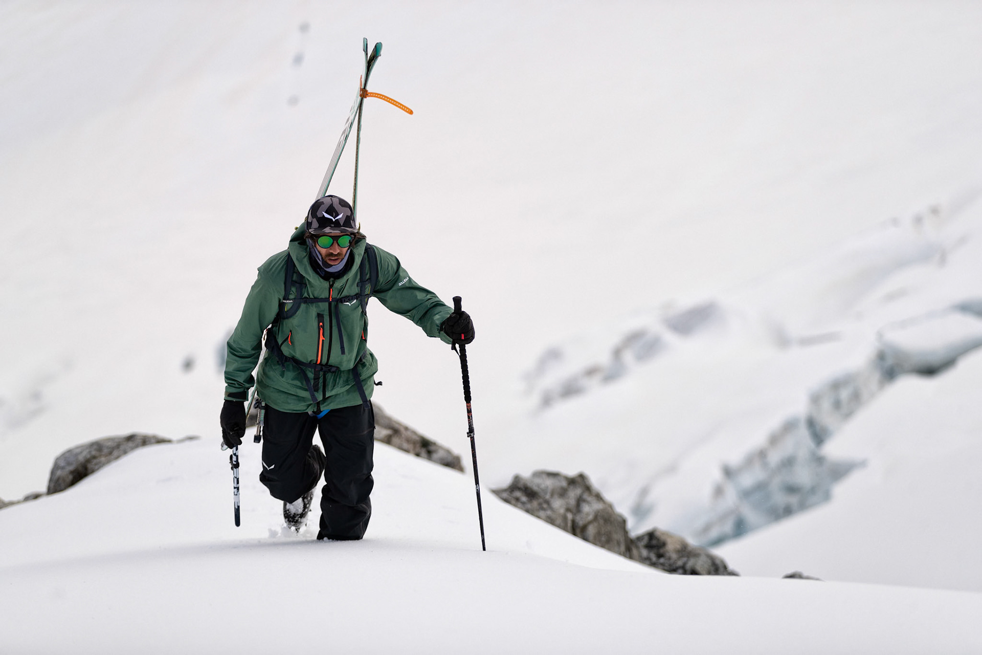 Yannick Boissenot climbs and skies the Kuffner Ridge on the Mont Blanc, Italy.