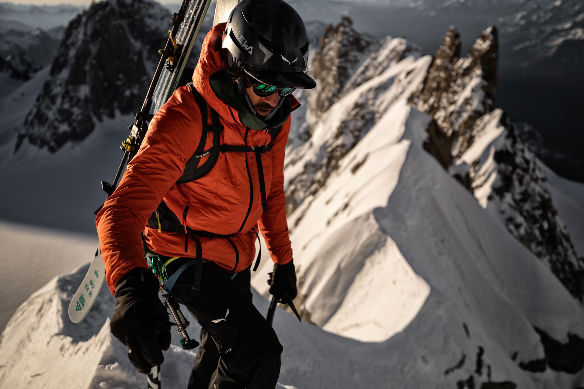 Yannick Boissenot climbs and skies the Kuffner Ridge on the Mont Blanc, Italy.