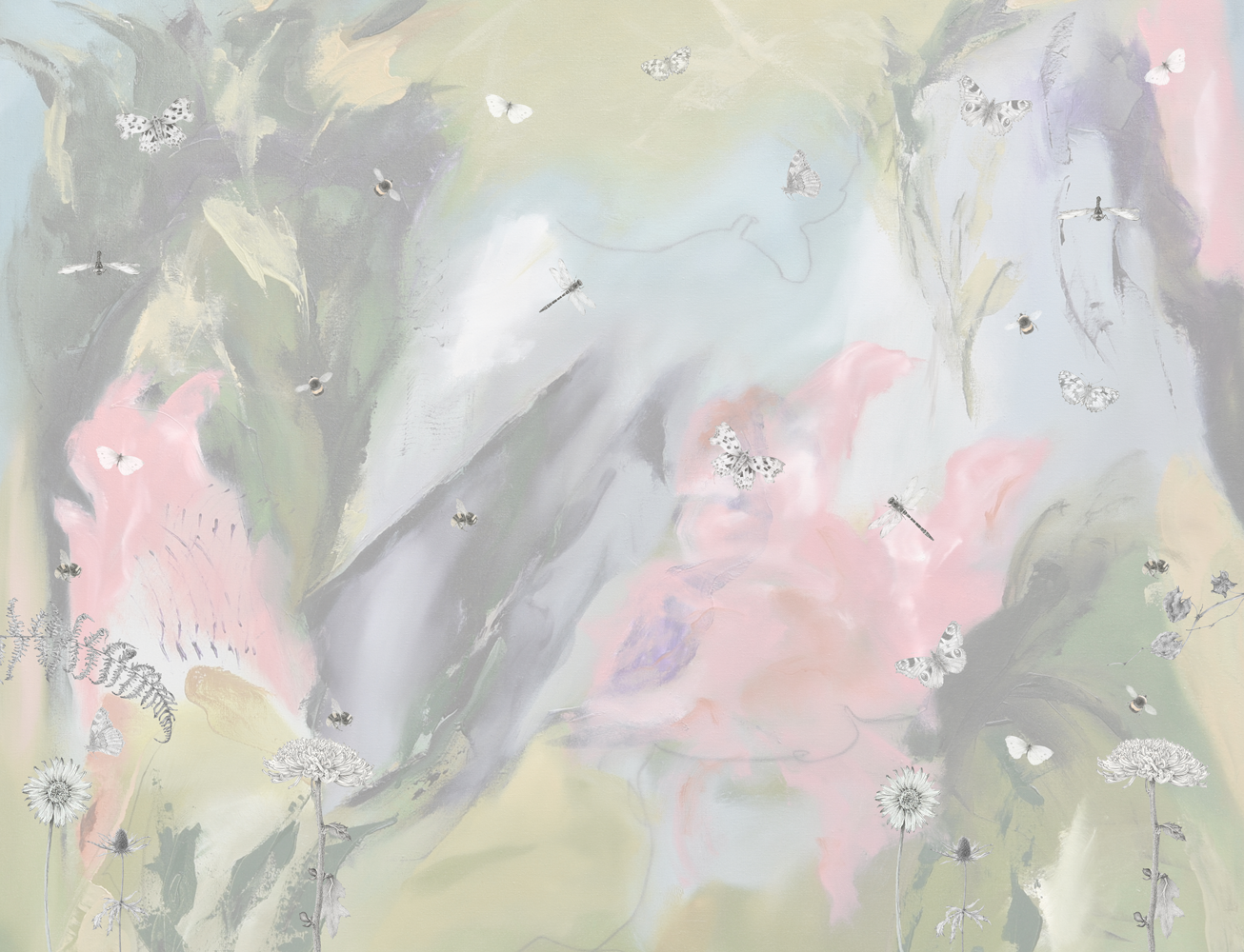Wallpaper design for the back wall of the Pure stand at Hampton Court Palace Garden Festival with artwork by Louisa Crispin and Liliana Dobbs.