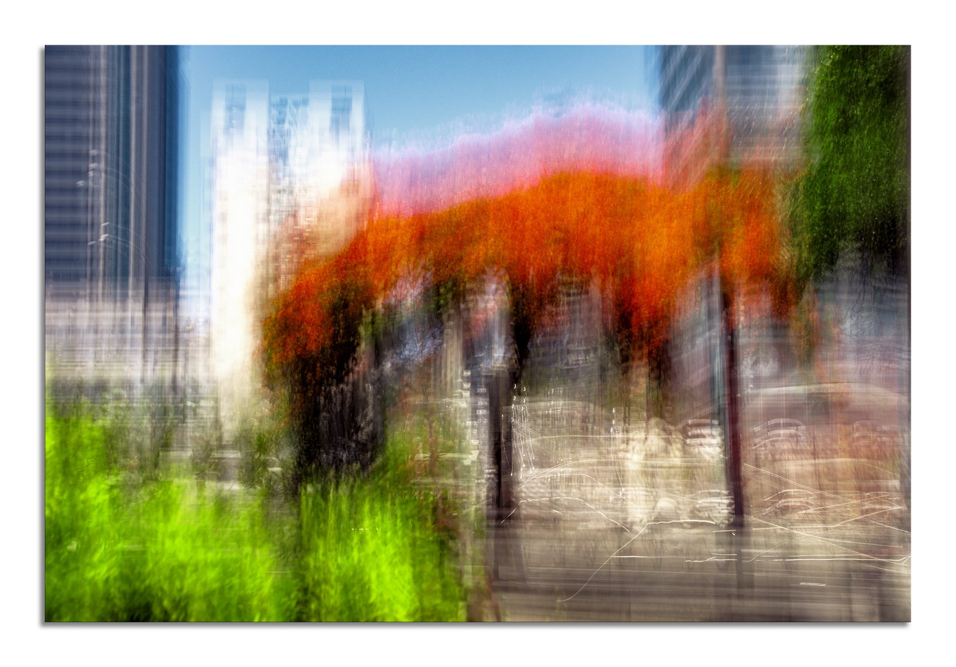 Urbane Oase - Ein abstraktes, malerisch anmutendes Foto einer Stadtszene, das durch beabsichtigte Kamerabewegung (ICM) aufgenommen wurde. Im Hintergrund sind die vertikalen Linien von Wolkenkratzern gegen einen blauen Himmel angedeutet. Im Vordergrund dominiert ein leuchtend roter bis oranger Farbtupfer, der an die Blütenkrone eines Baumes erinnert, sowie ein sattes Grün von Pflanzen. Die Bewegung verschmilzt die harten Konturen der Stadt mit der organischen Form der Natur zu einer dynamischen und farbenfrohen Komposition. - #icm_photography #intentionalcameramovement #abstraktefotografie #fotokunst #stadtfotografie #urbanart #bewegungsunschärfe #naturinderstadt #kontraste #impressionistisch #artofvisuals #creativephotography #cityscape #urbanjungle #kamerakunst