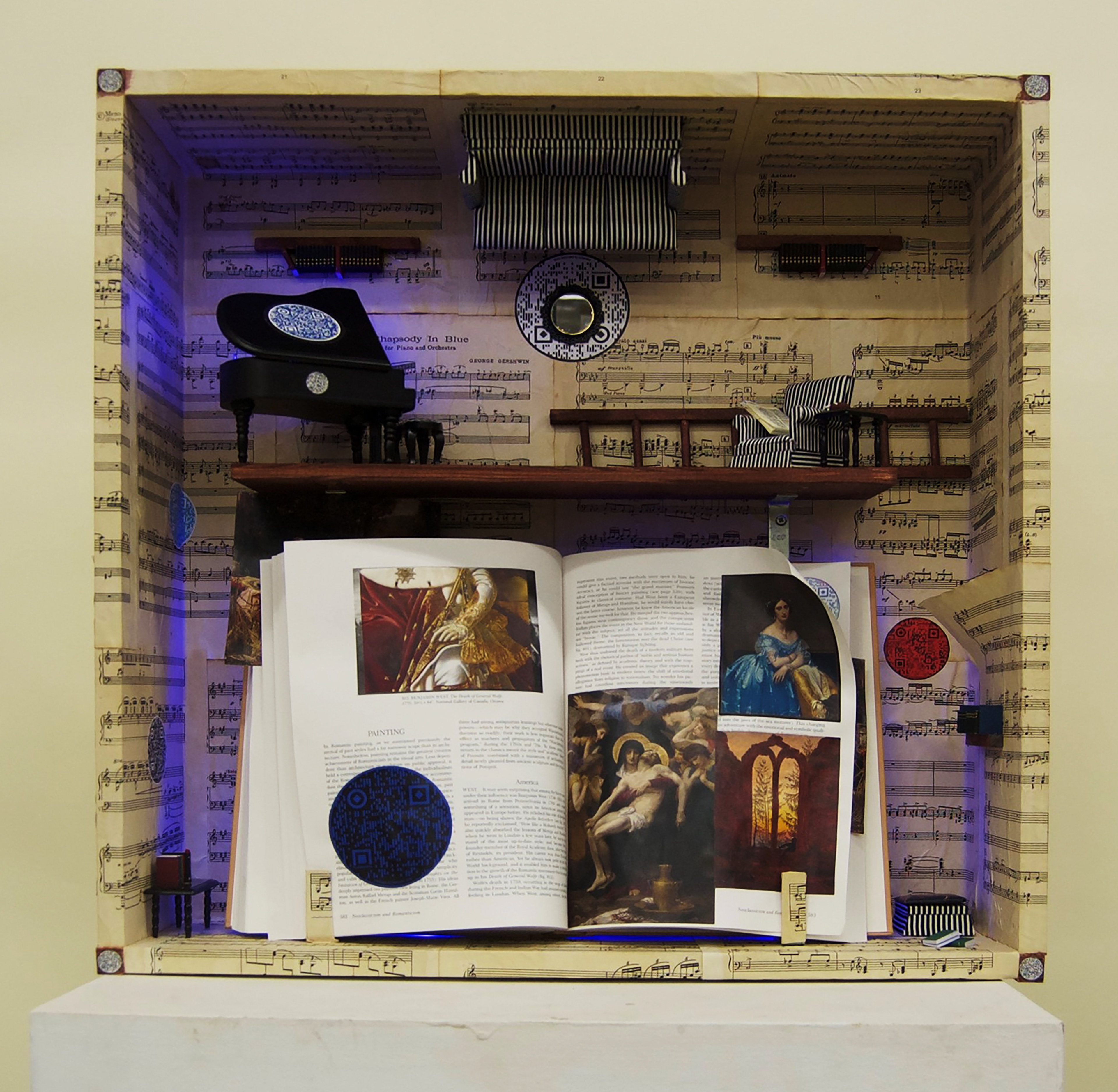 Quick Response Narrative (Wood and mixed media sculpture, 25x25x8in, 2021)
