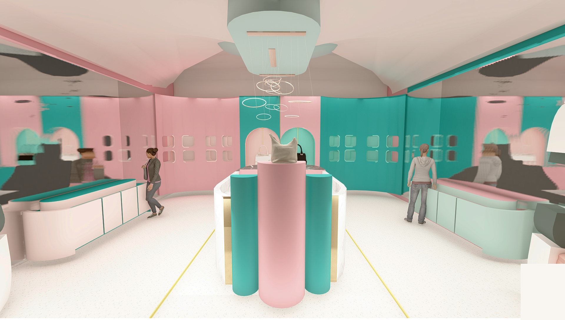 View inside the store front, showing the display millwork on the sides as well as the back.