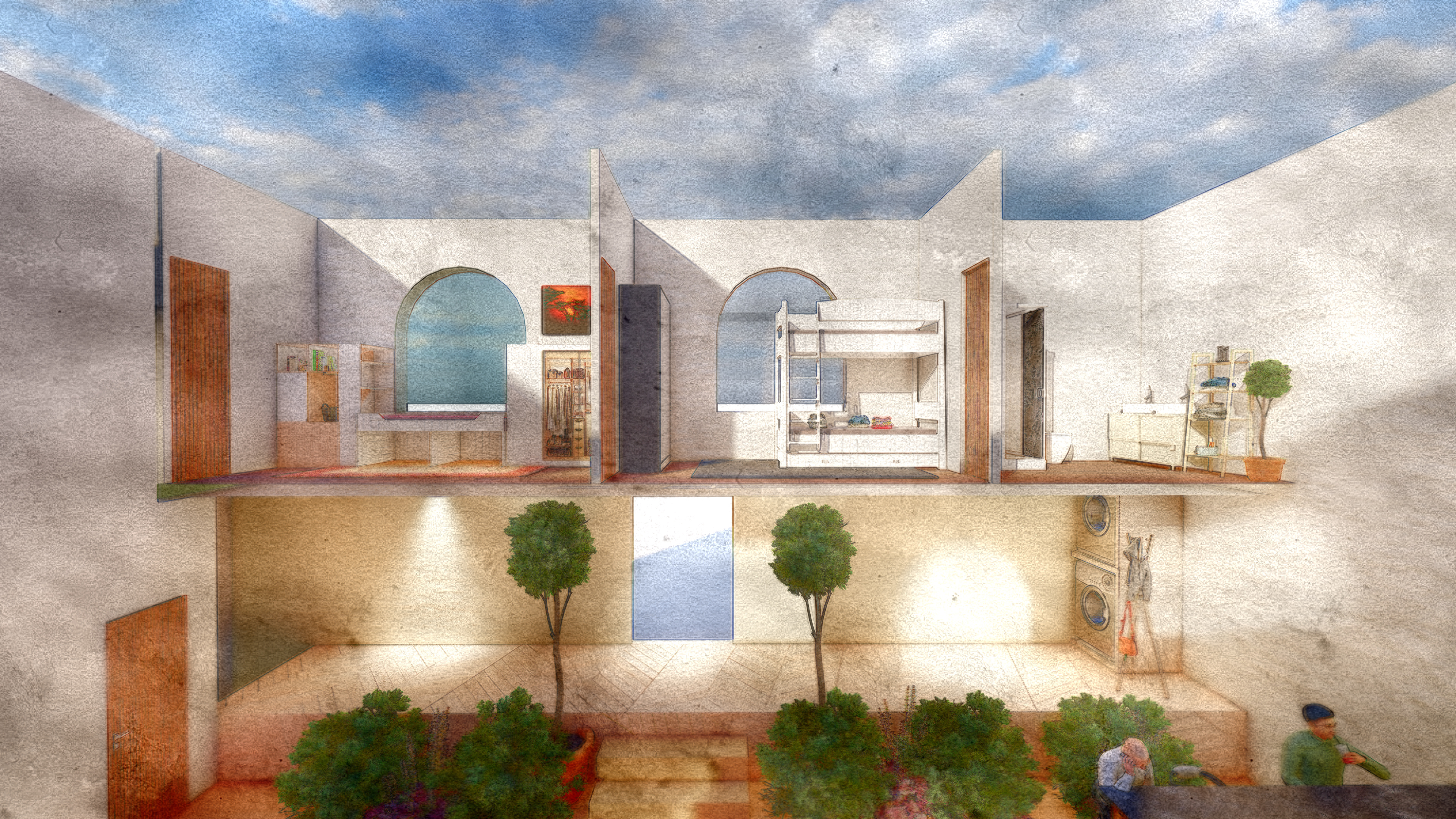 A sectional perspective of the entire space showing the bedroom area as well as the social space below.