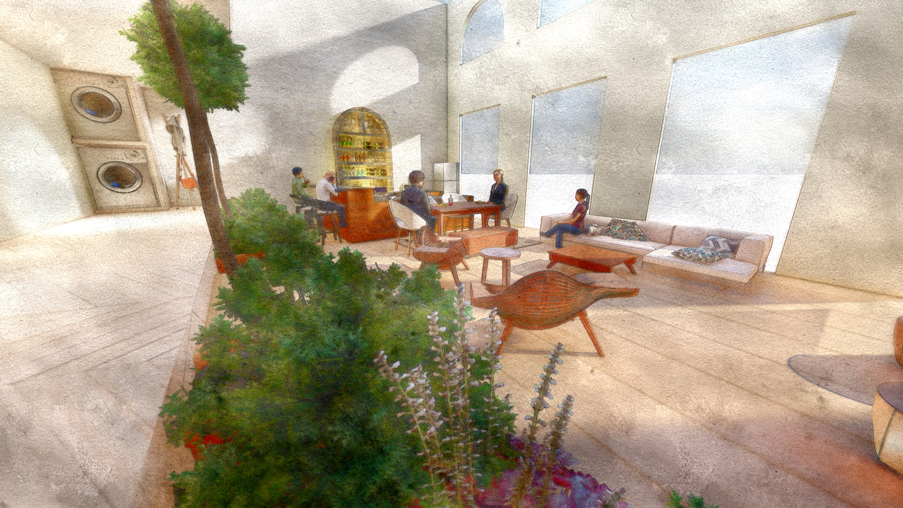 View of the sitting area in the social space looking at the bar at the end along with the long arched windows giving the space a grand feeling.