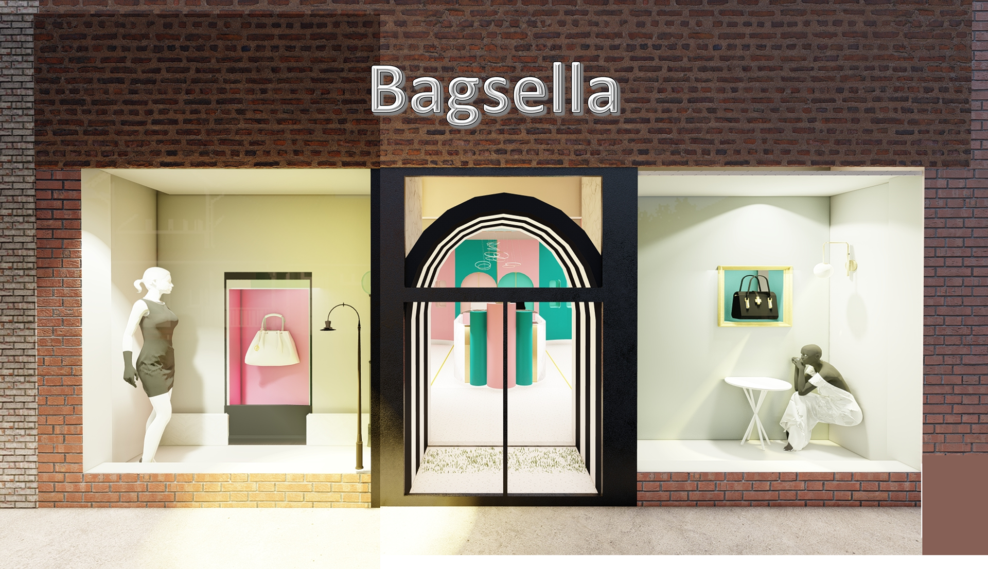 Rendered exterior view of the store in, showing the black and white display and a sneak peak of the colorful interiors of the store.