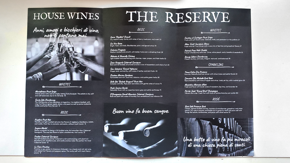 wine menu interior