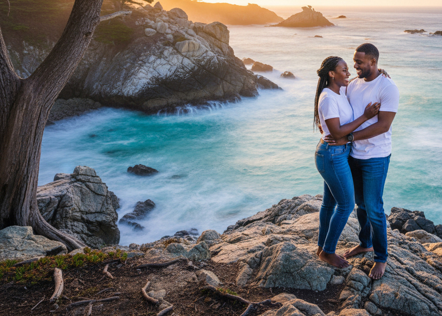 Artistic engagement portrait image of a Black couple in casual wear on the rocks at Point Lobos State Natural Reserve, Carmel.