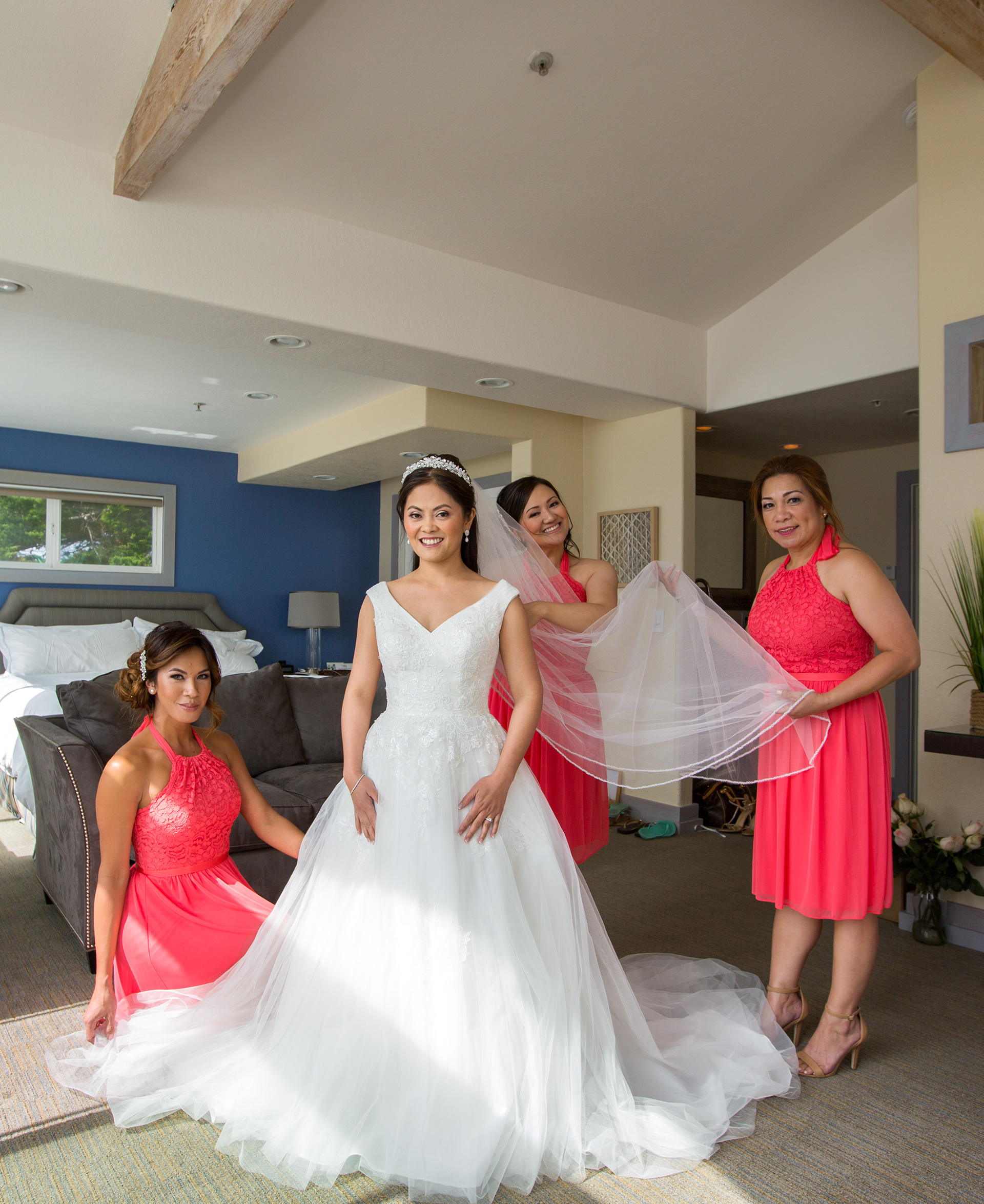 Bride getting ready at Cypress Inn while groom prepares across town — second shooter coverage