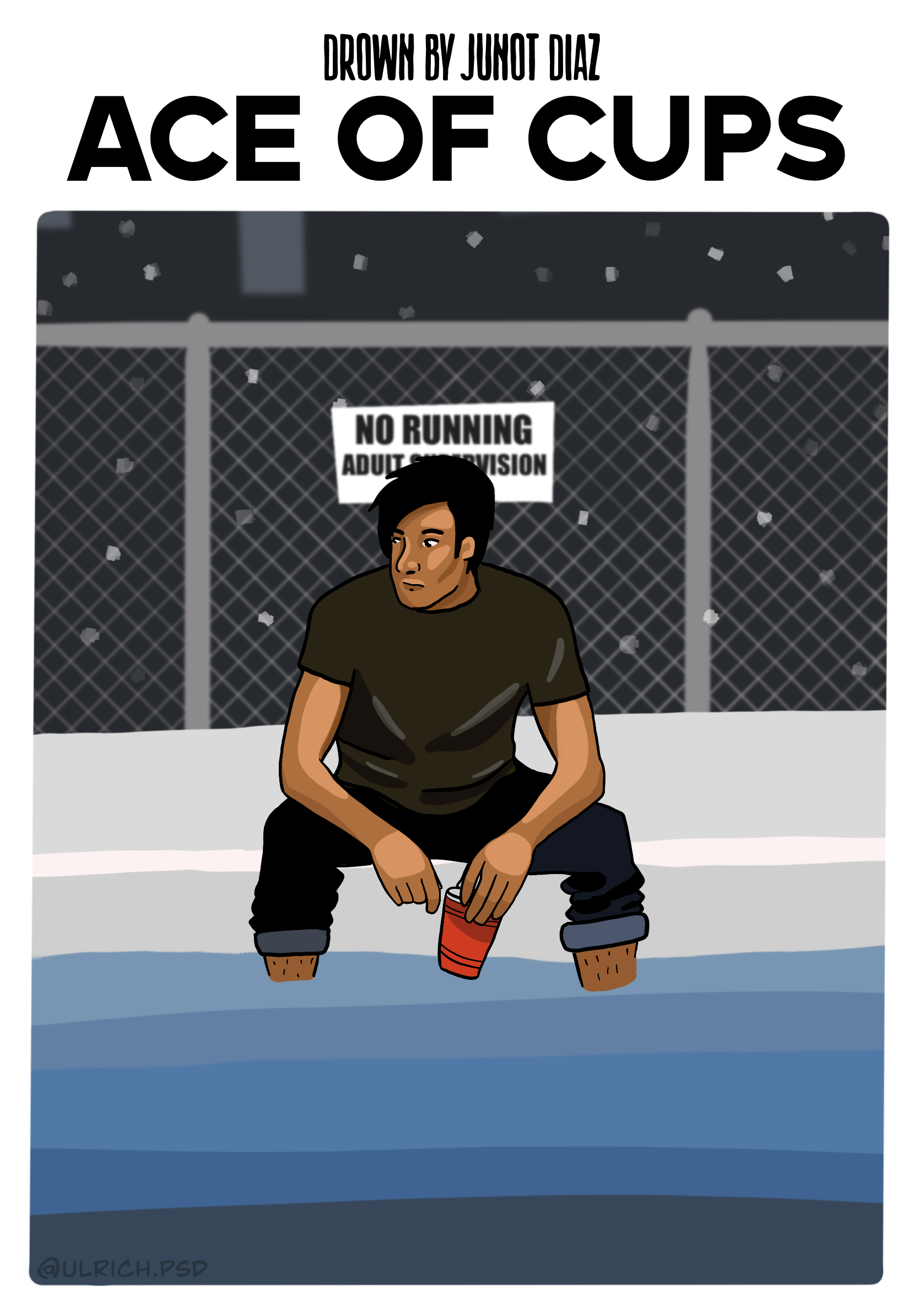 This is how I pictured the narrator of the story, just chilling by himself after his friend has left and he doesn't really have anyone else to confide in. I took some artistic liberties with the red "solo" cup and the "no running" sign. The Cups suite often represents new beginnings, which the narrator is forced to recognize in this coming of age story.