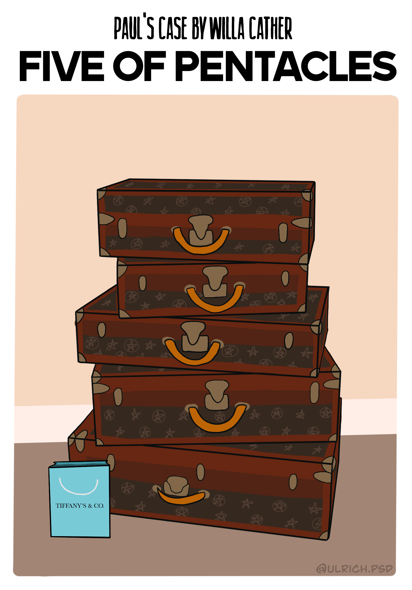 Paul infamously steals a huge sum of money and blows it on a week of hyper indulgent living. I decided to use pentacles in the Louis Vuitton-esque trunks (which is I'd assume the only brand Paul would settle for), and added the Tiffany's bag since that was one he cared enough to name-drop. When drawn upright, the Five of Pentacles represents financial loss, lack mindset, and worry. In reverse, it symbolizes spiritual poverty. In the end, I think it's safe to say Paul got both.