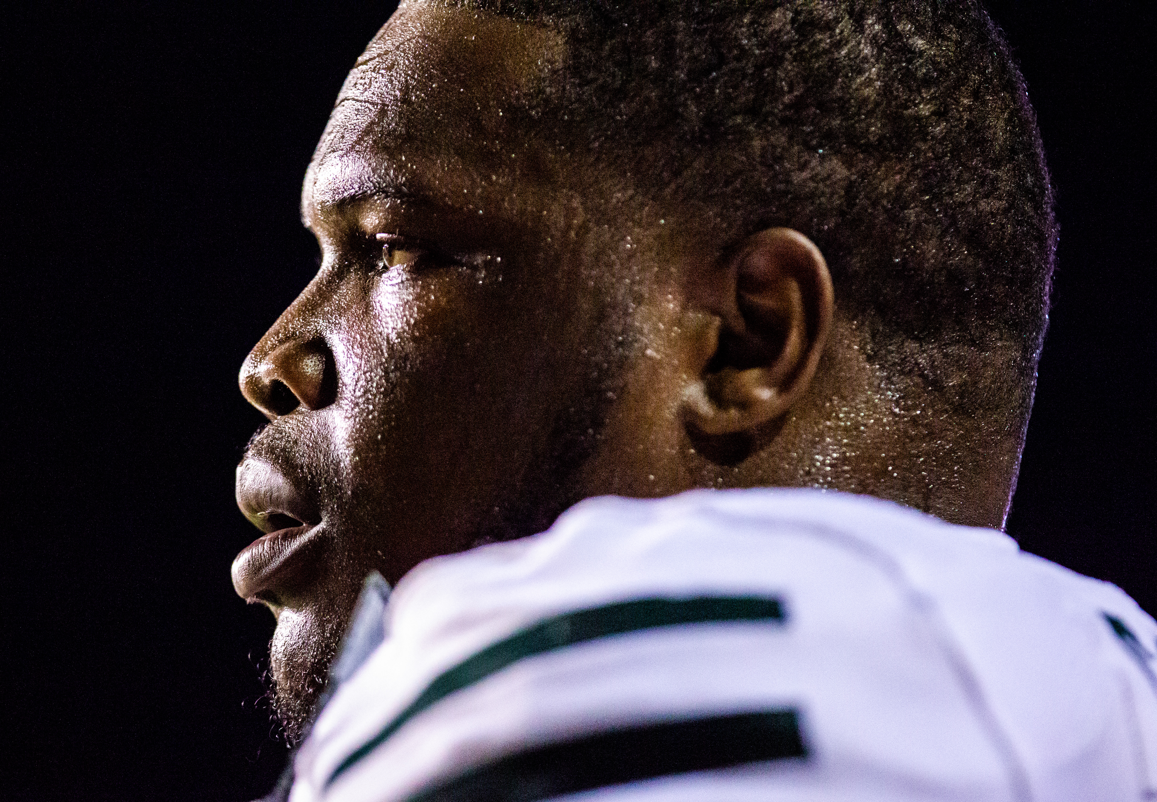 Ohio defensive tackle Kai Caesar (50) watches his teammates from the sidelines on September 16, 2021. Ohio lost to Louisiana 14-49 in Lafayette, Louisiana.