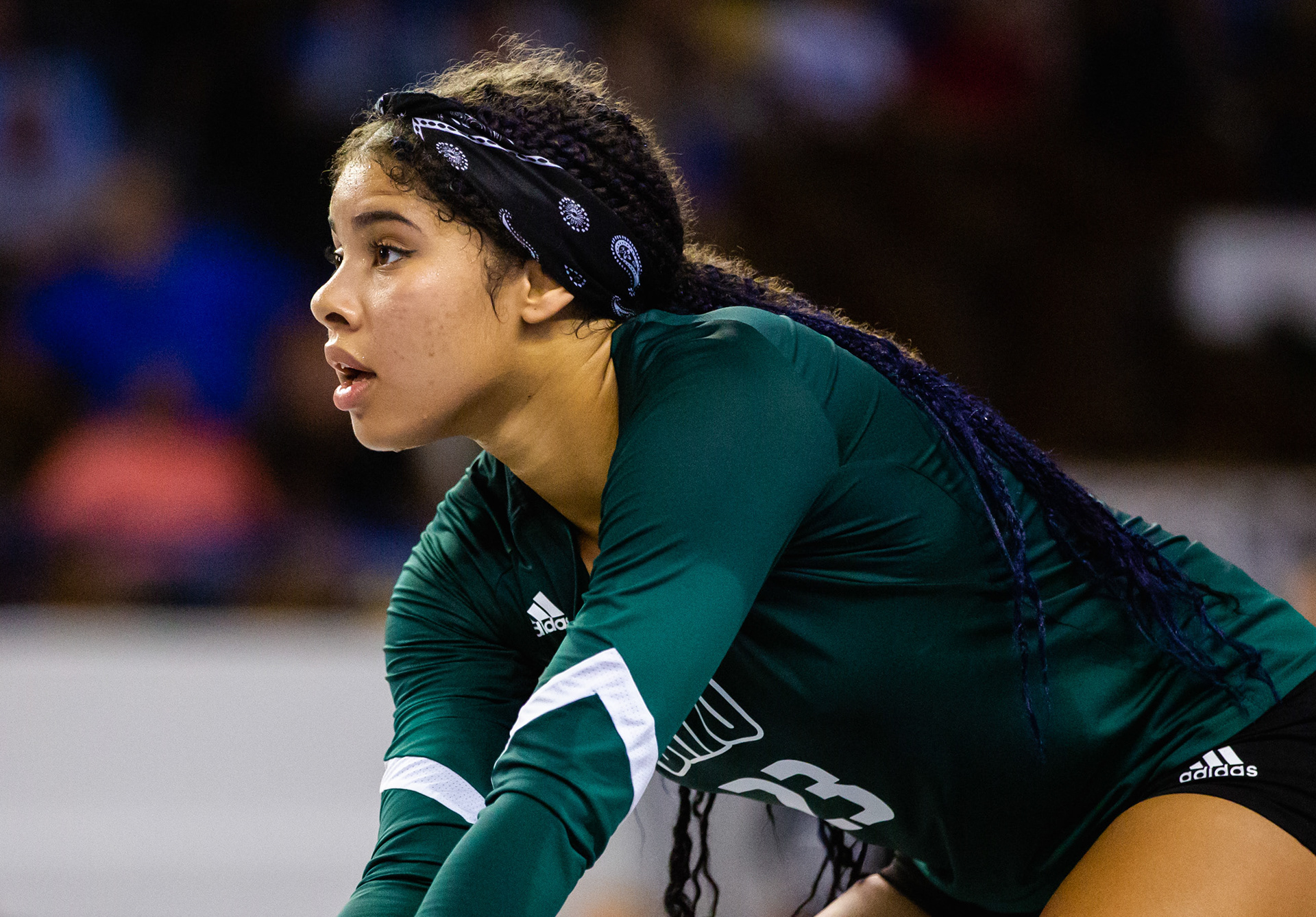 Ohio outside hitter Kristy Frank (23) prepares for an inbound ball.