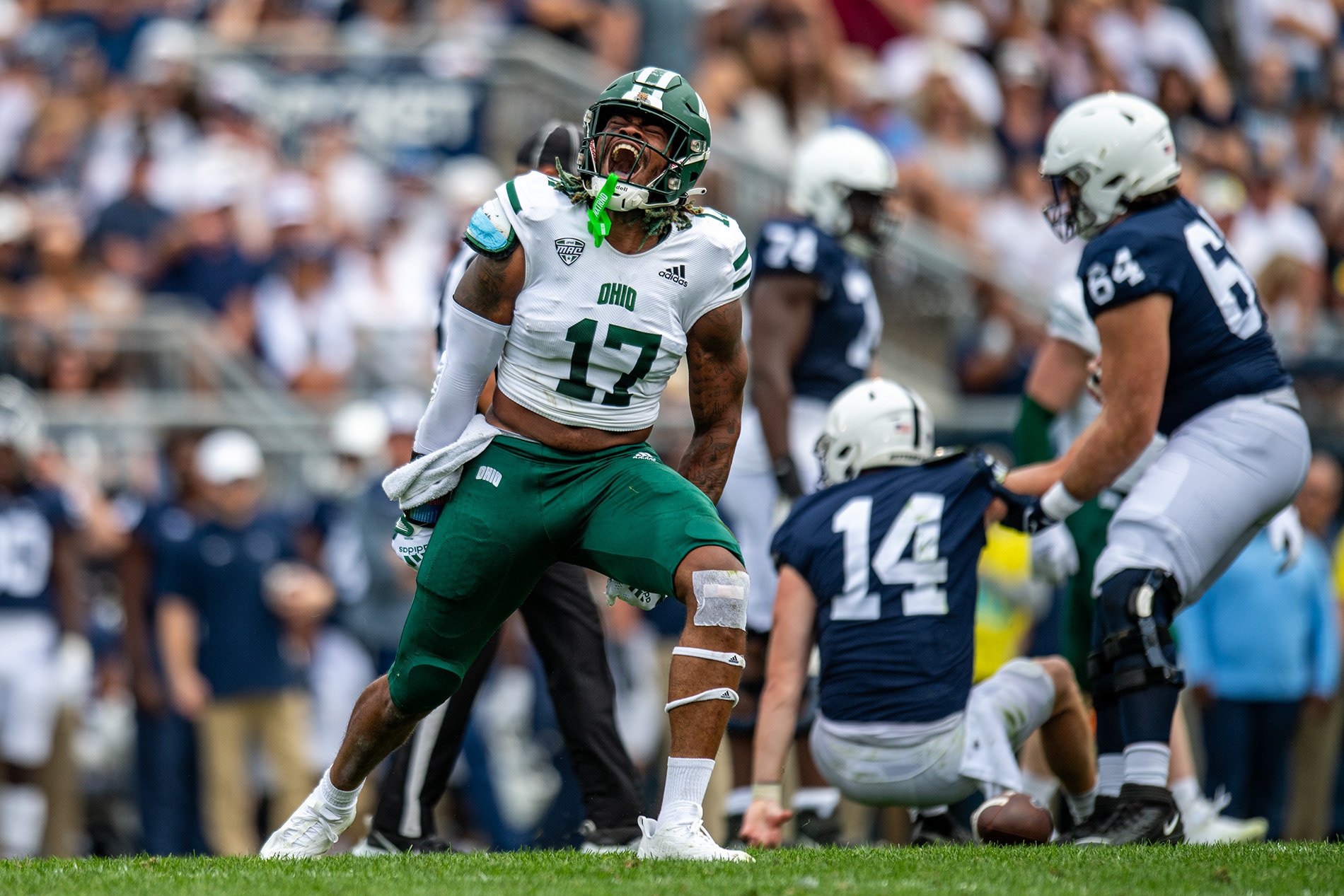 Ohio Defensive End Vonnie Watkins celebrates after sacking Penn State Quarterback Sean Clifford on September 10, 2022 in State College, Pennsylvania.
