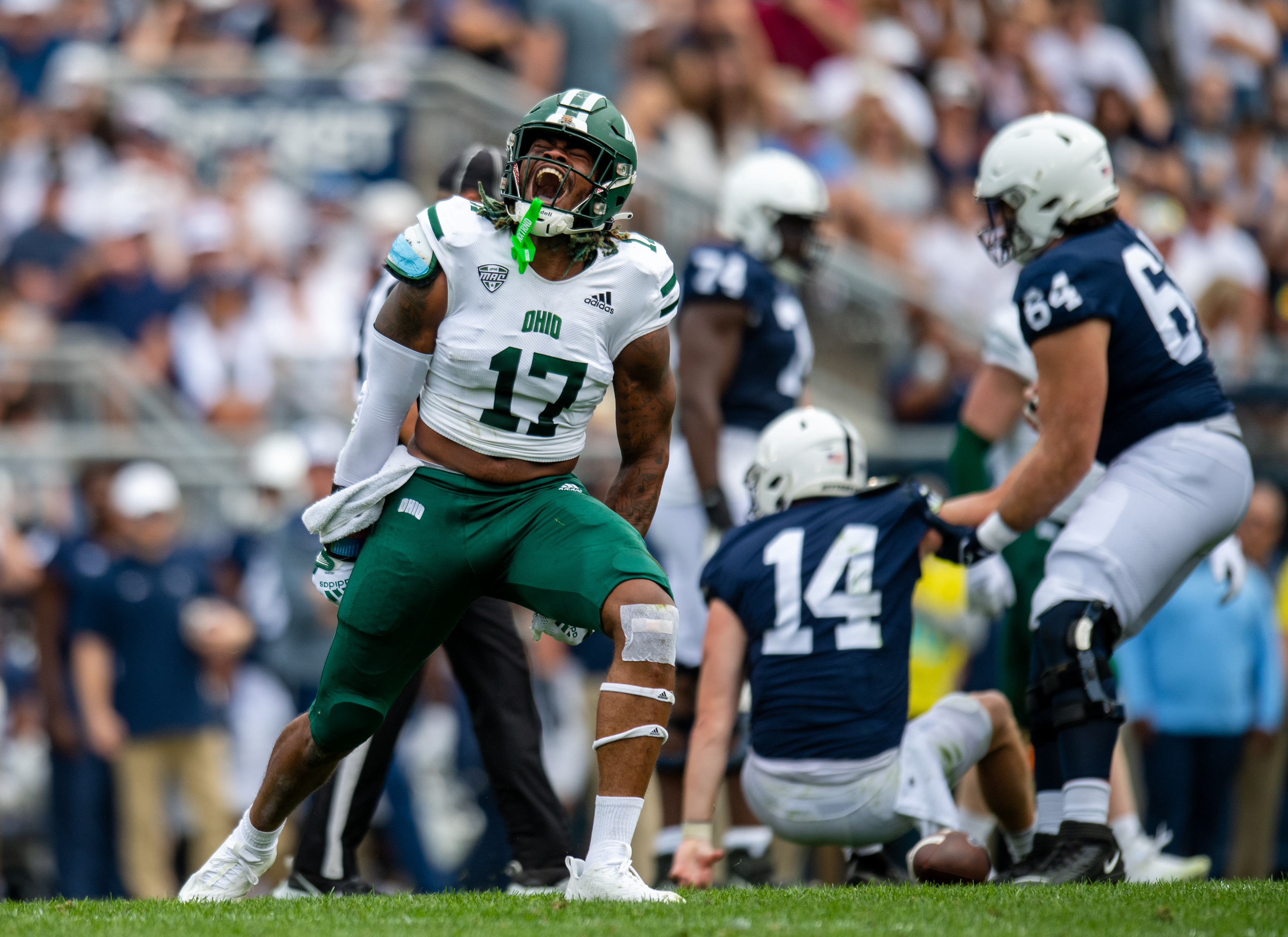 Ohio Defensive End Vonnie Watkins celebrates after sacking Penn State Quarterback Sean Clifford on September 10, 2022 in State College, Pennsylvania.